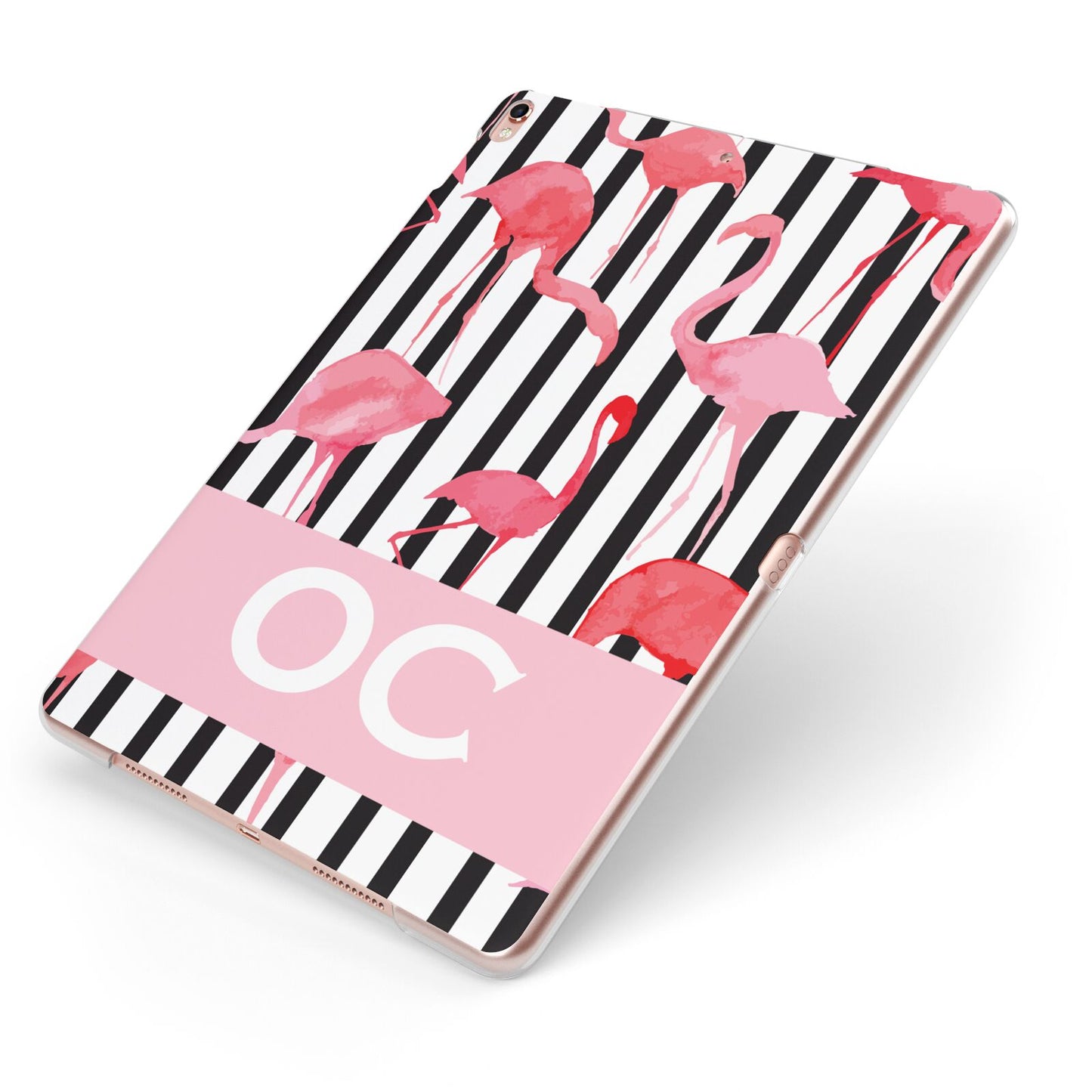 Black Striped Flamingo Apple iPad Case on Rose Gold iPad Side View