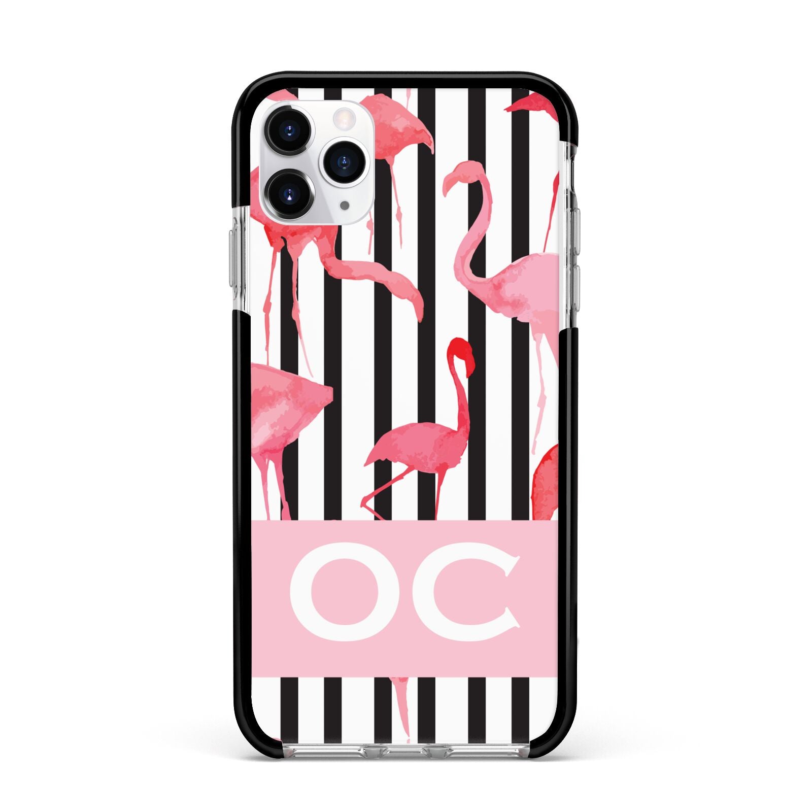 Black Striped Flamingo Apple iPhone 11 Pro Max in Silver with Black Impact Case