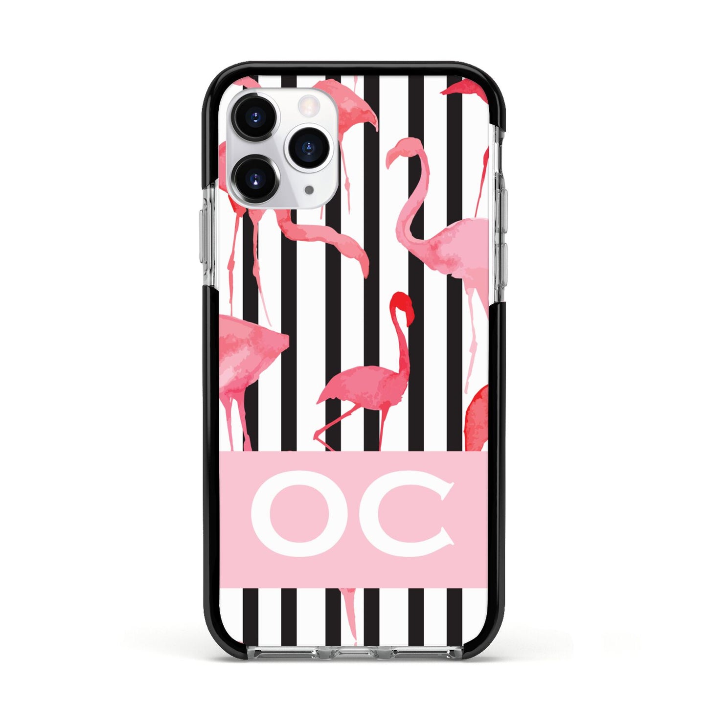 Black Striped Flamingo Apple iPhone 11 Pro in Silver with Black Impact Case