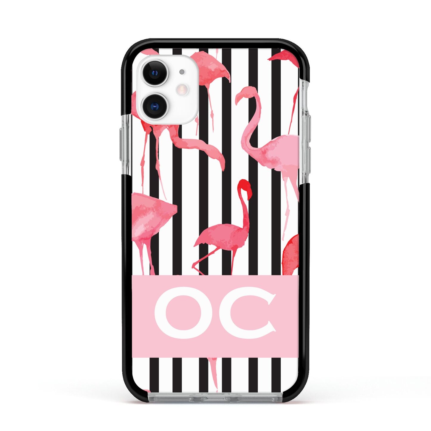 Black Striped Flamingo Apple iPhone 11 in White with Black Impact Case