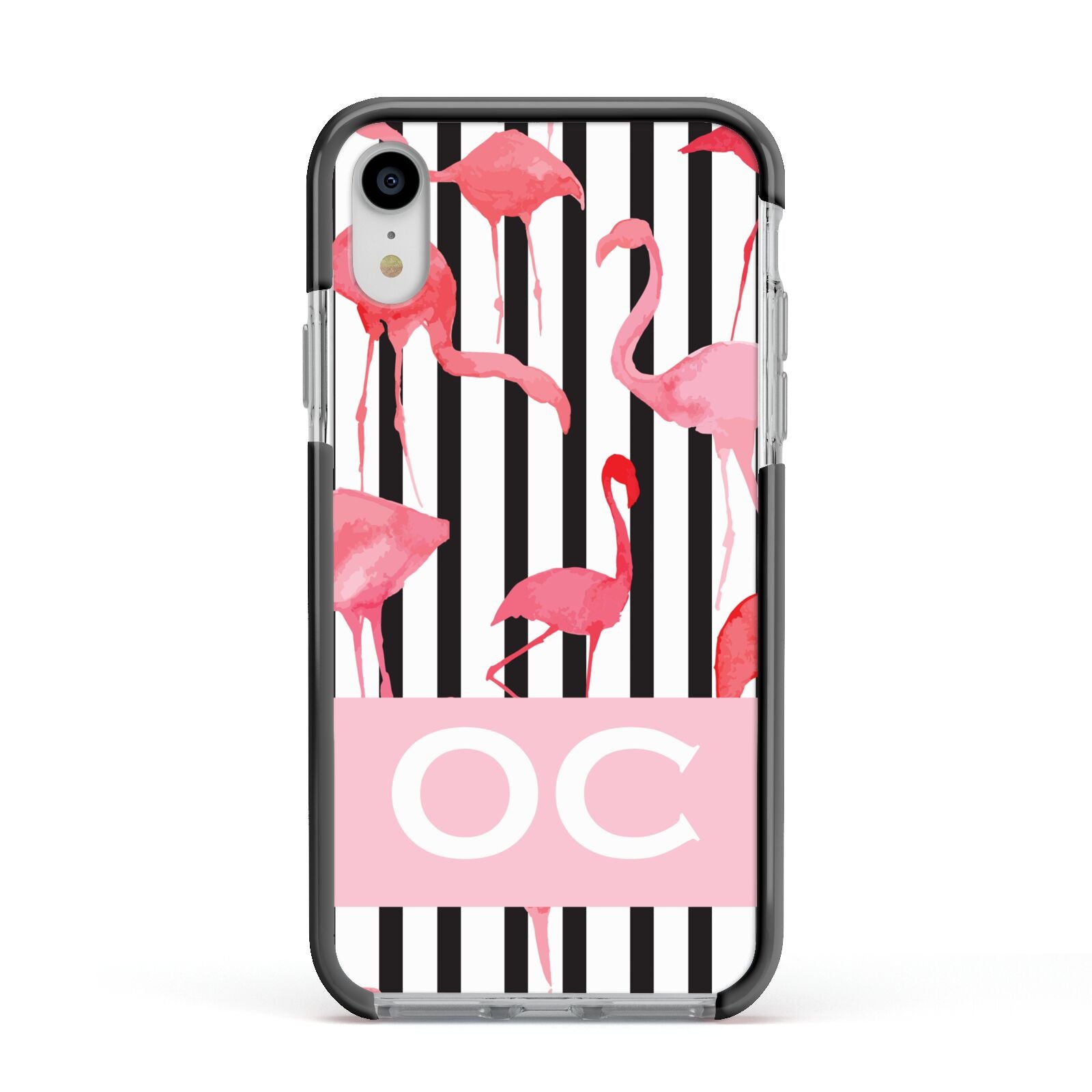 Black Striped Flamingo Apple iPhone XR Impact Case Black Edge on Silver Phone