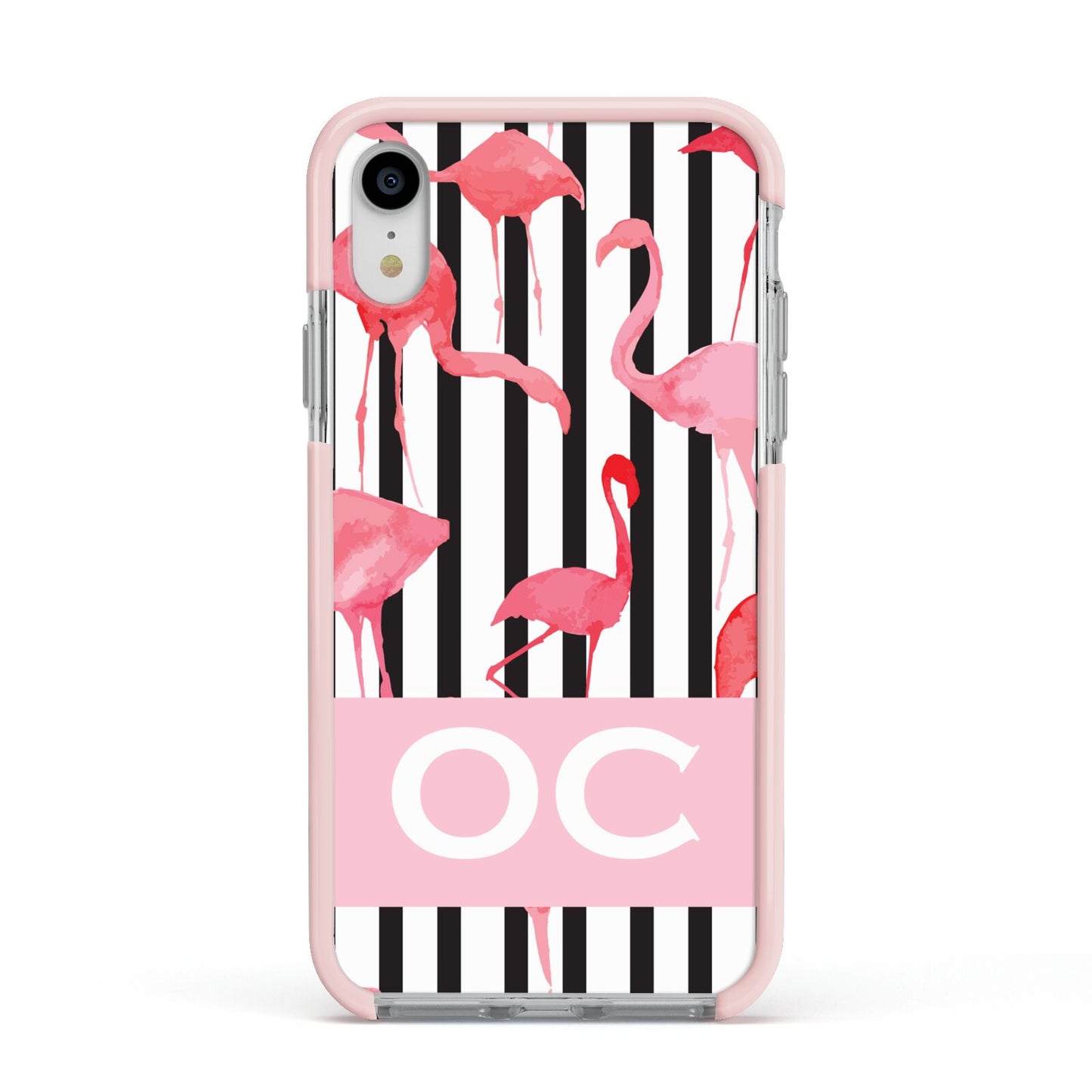Black Striped Flamingo Apple iPhone XR Impact Case Pink Edge on Silver Phone