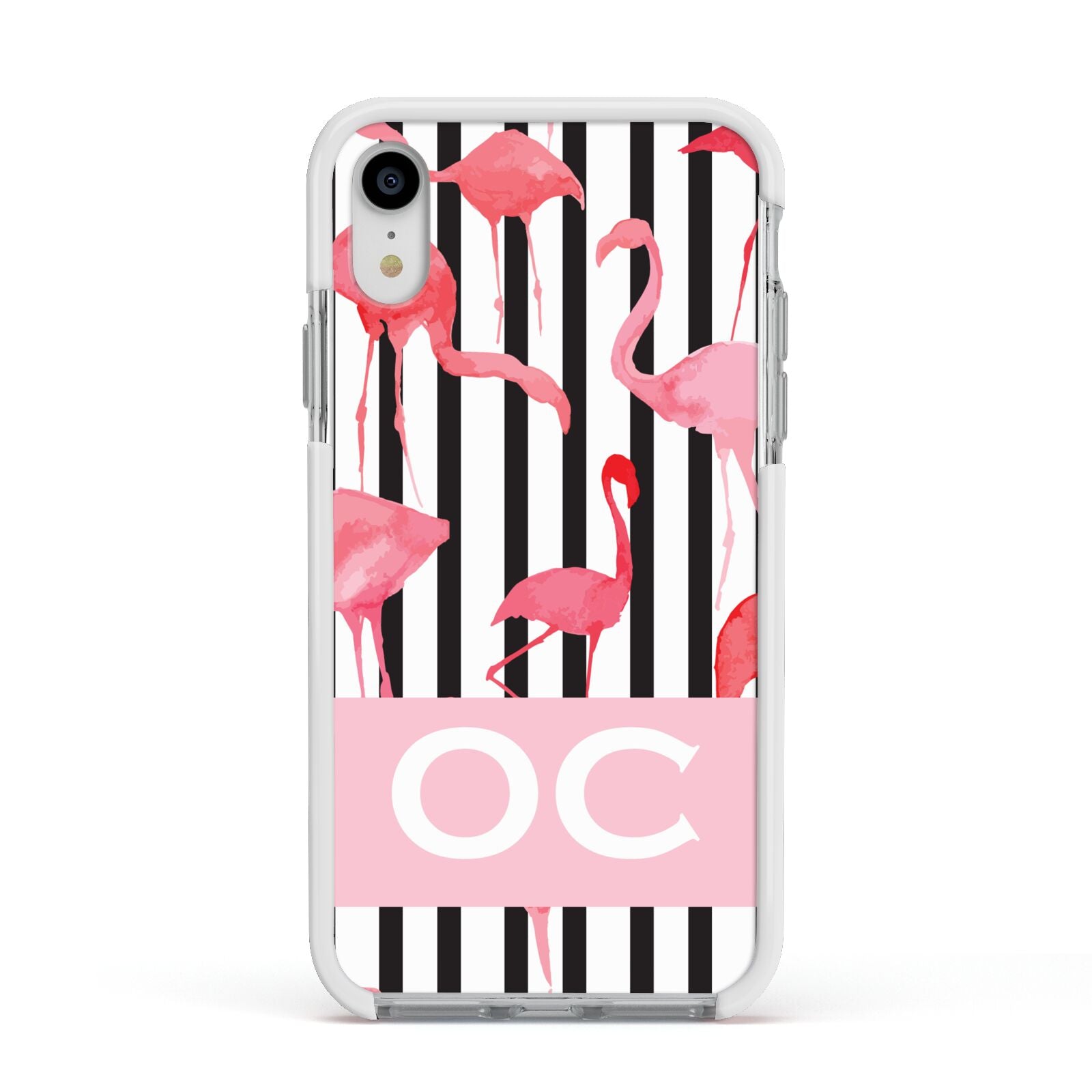 Black Striped Flamingo Apple iPhone XR Impact Case White Edge on Silver Phone