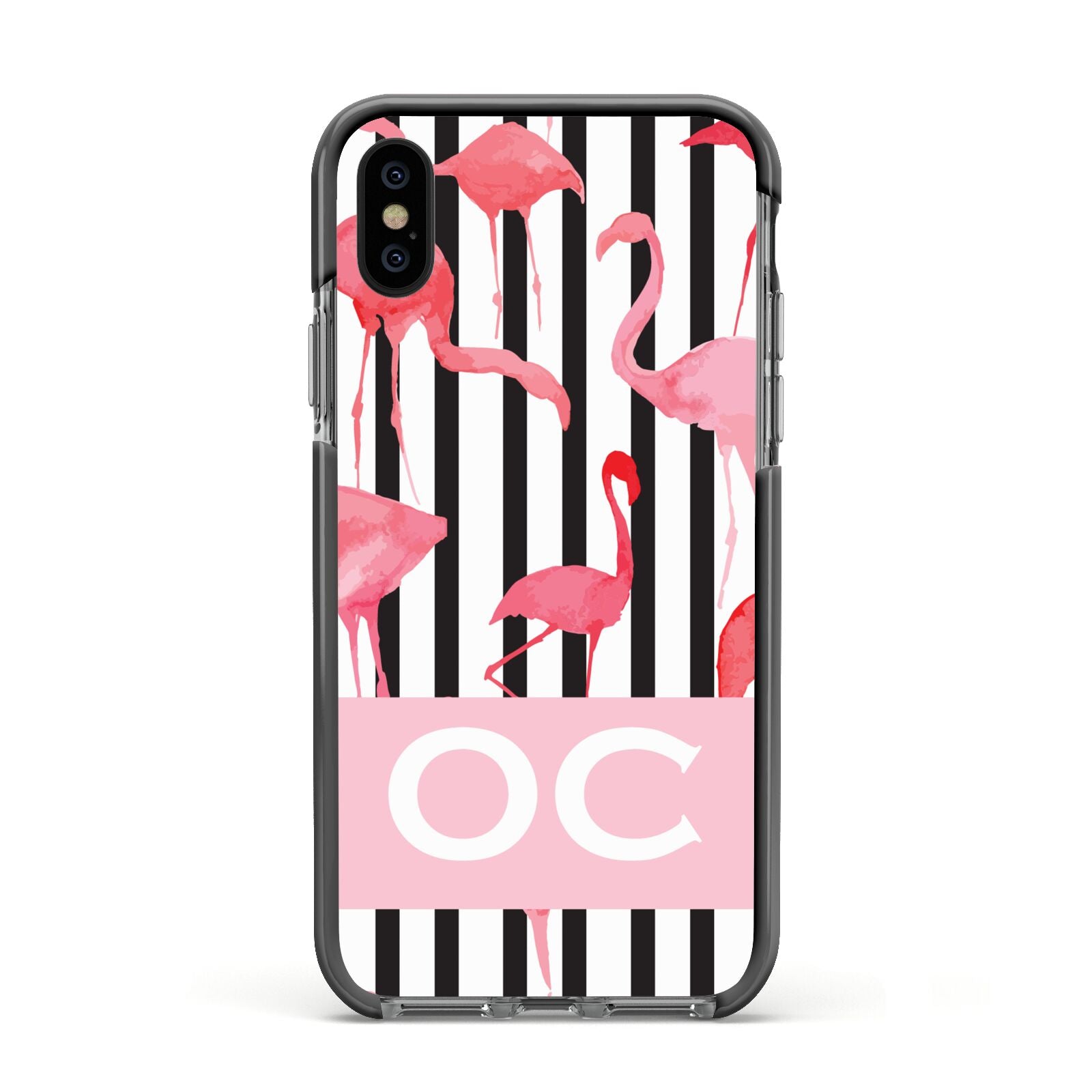 Black Striped Flamingo Apple iPhone Xs Impact Case Black Edge on Black Phone