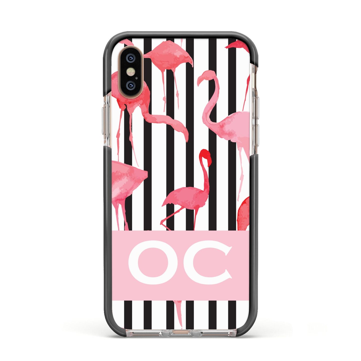 Black Striped Flamingo Apple iPhone Xs Impact Case Black Edge on Gold Phone