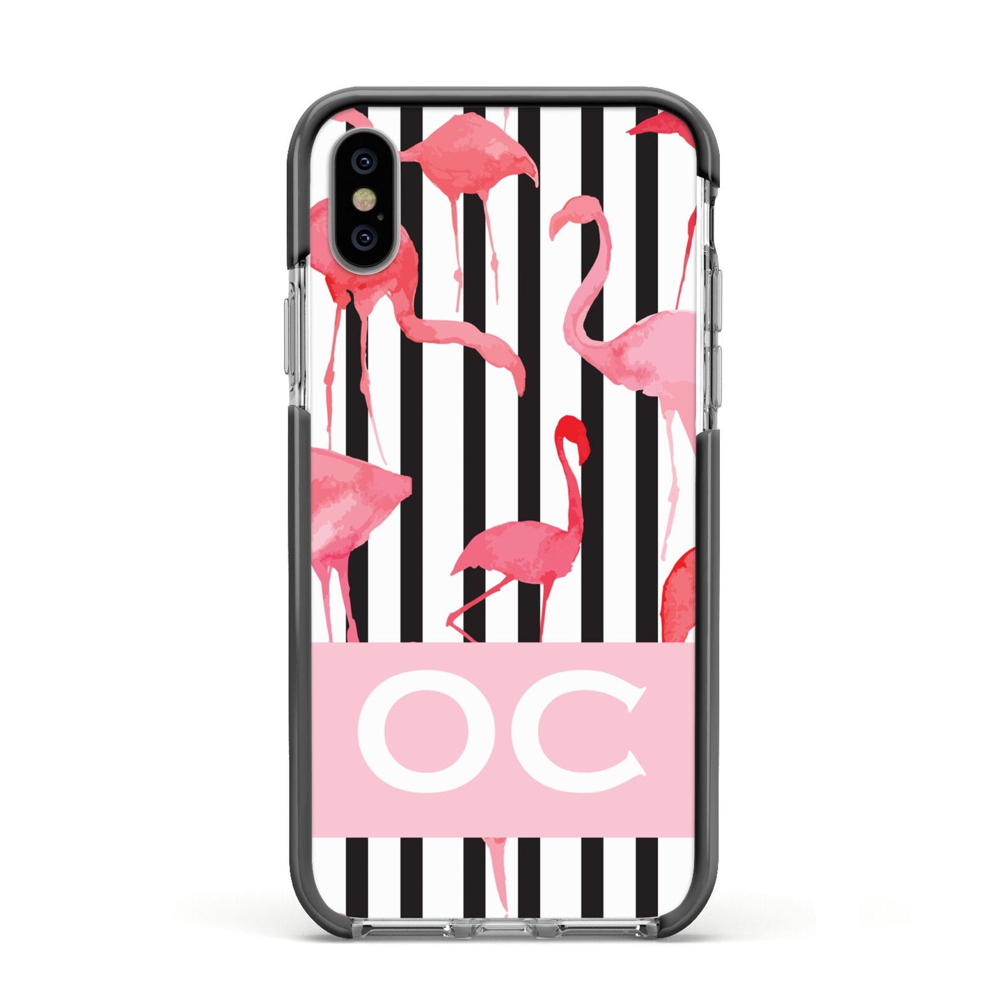 Black Striped Flamingo Apple iPhone Xs Impact Case Black Edge on Silver Phone