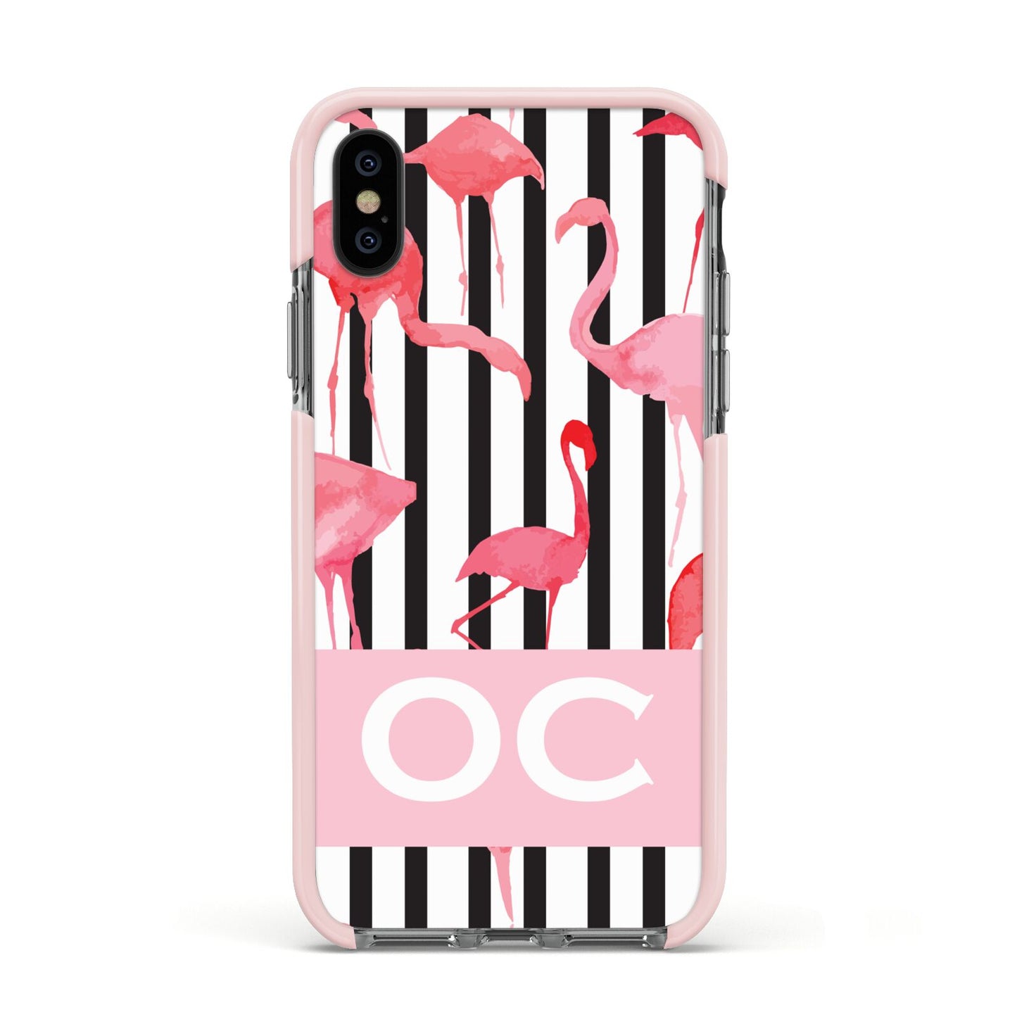 Black Striped Flamingo Apple iPhone Xs Impact Case Pink Edge on Black Phone