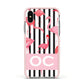 Black Striped Flamingo Apple iPhone Xs Impact Case Pink Edge on Silver Phone