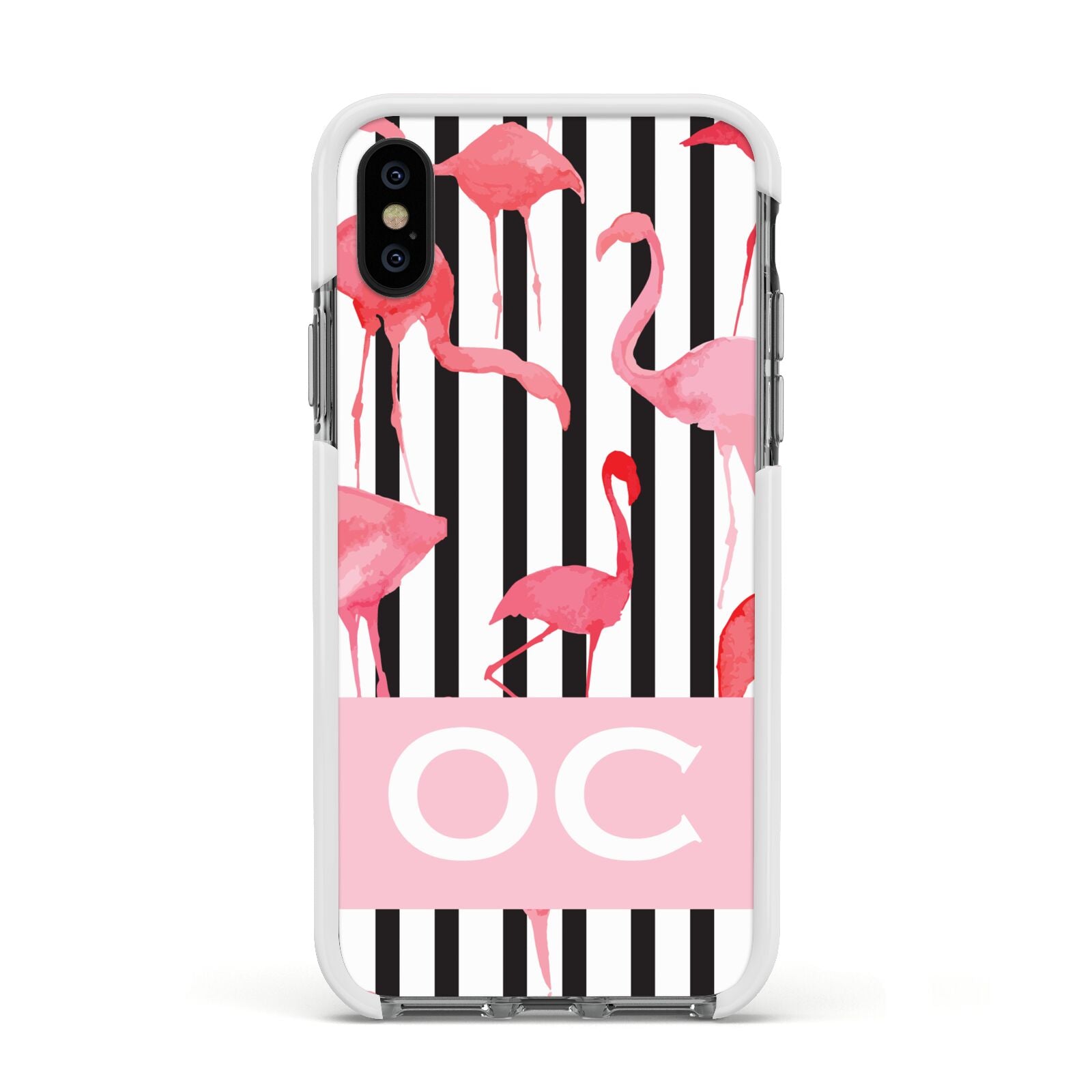 Black Striped Flamingo Apple iPhone Xs Impact Case White Edge on Black Phone
