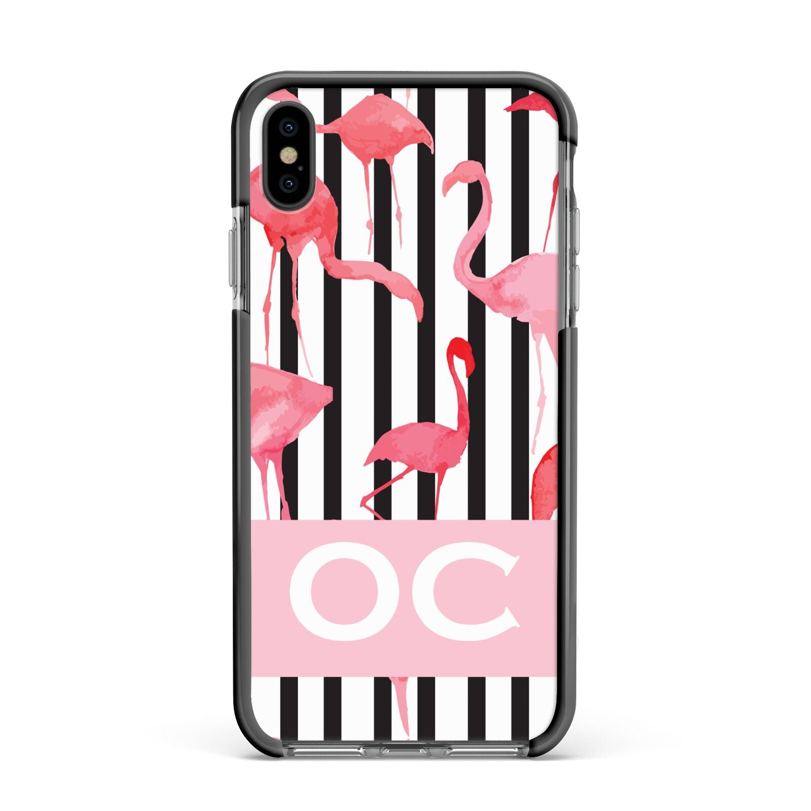 Black Striped Flamingo Apple iPhone Xs Max Impact Case Black Edge on Black Phone