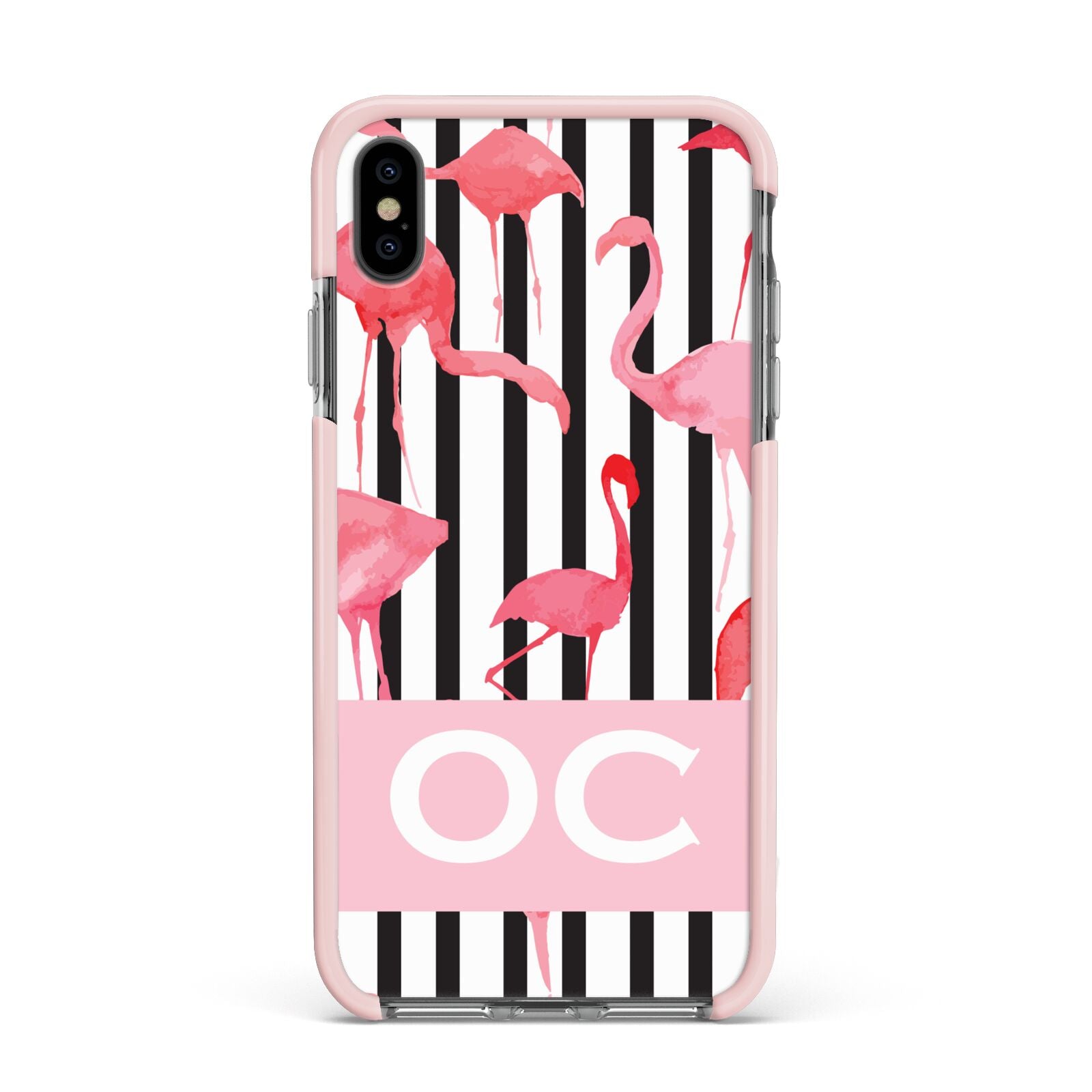 Black Striped Flamingo Apple iPhone Xs Max Impact Case Pink Edge on Black Phone