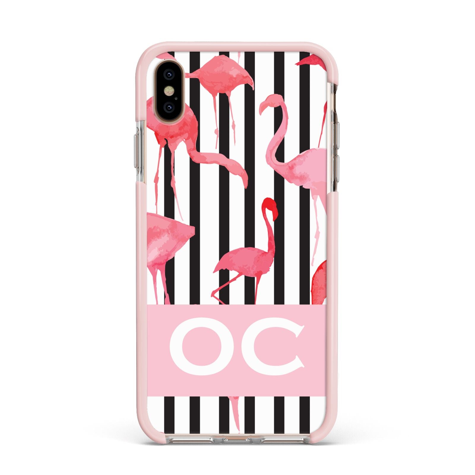 Black Striped Flamingo Apple iPhone Xs Max Impact Case Pink Edge on Gold Phone