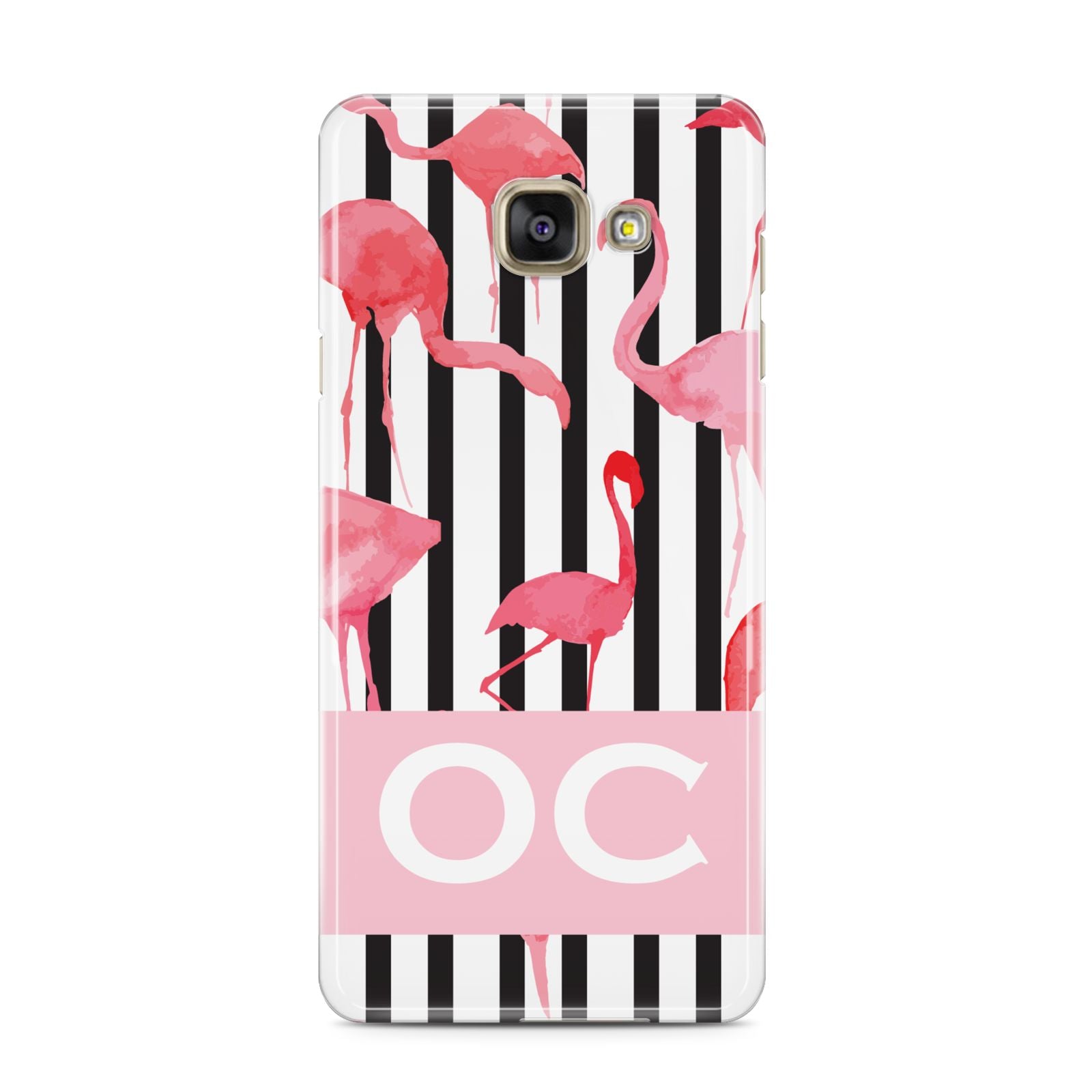Black Striped Flamingo Samsung Galaxy A3 2016 Case on gold phone