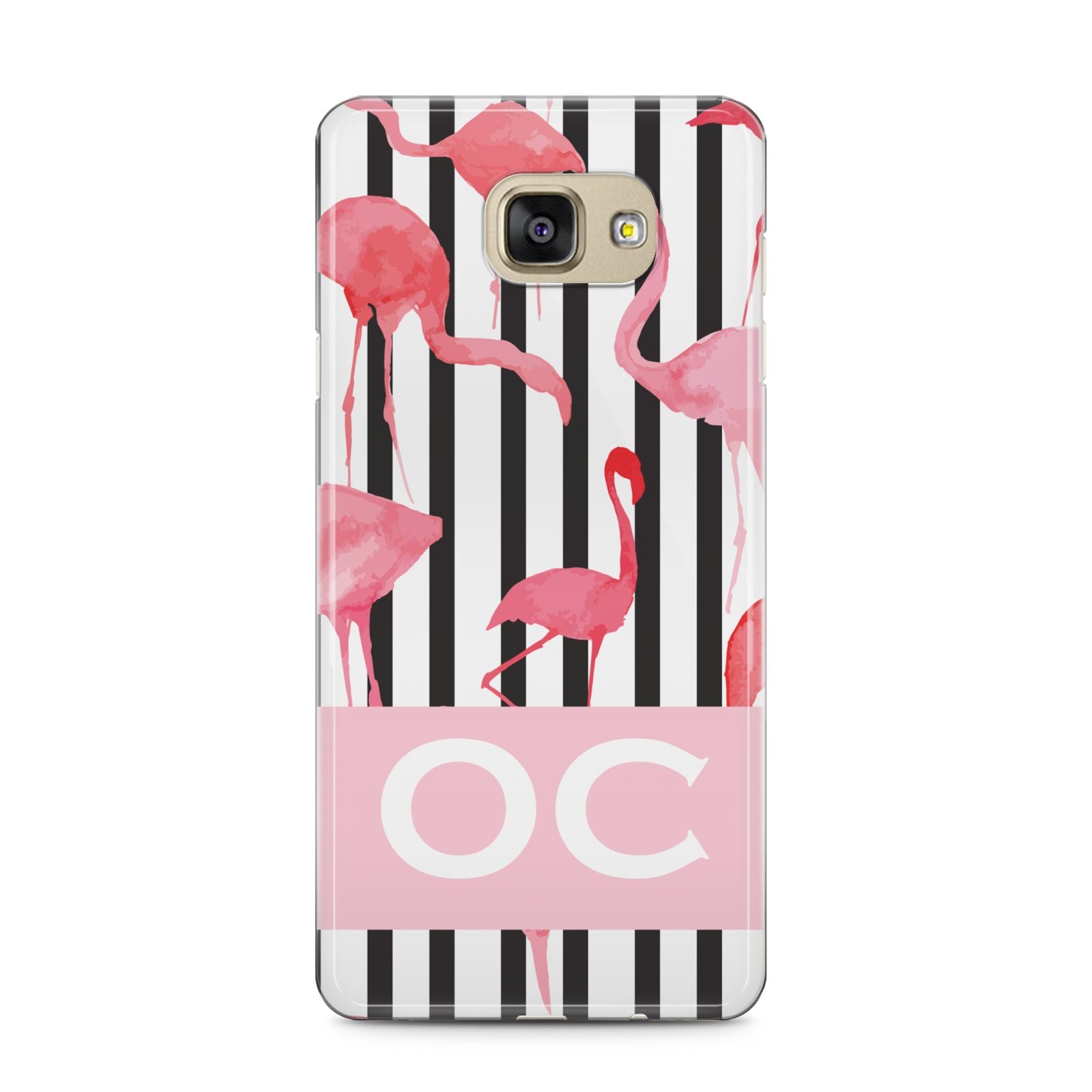 Black Striped Flamingo Samsung Galaxy A5 2016 Case on gold phone