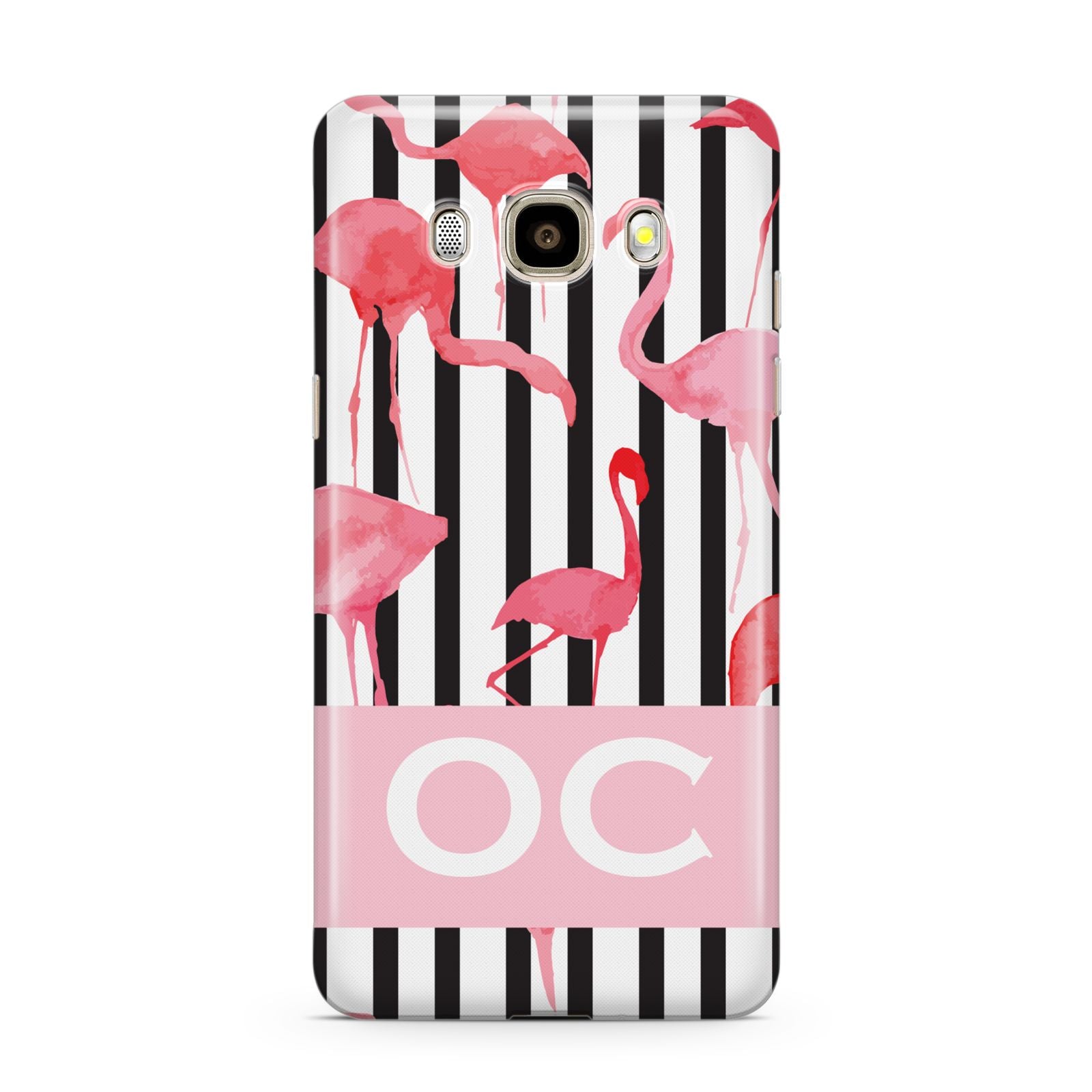 Black Striped Flamingo Samsung Galaxy J7 2016 Case on gold phone