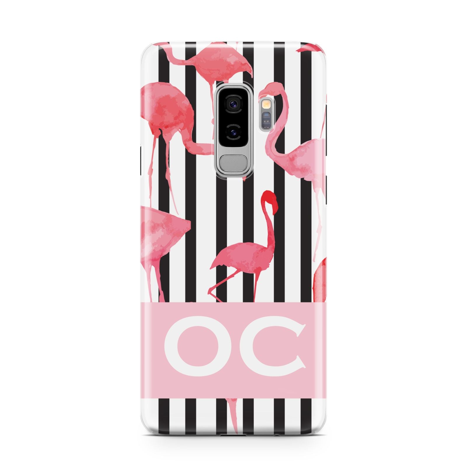 Black Striped Flamingo Samsung Galaxy S9 Plus Case on Silver phone