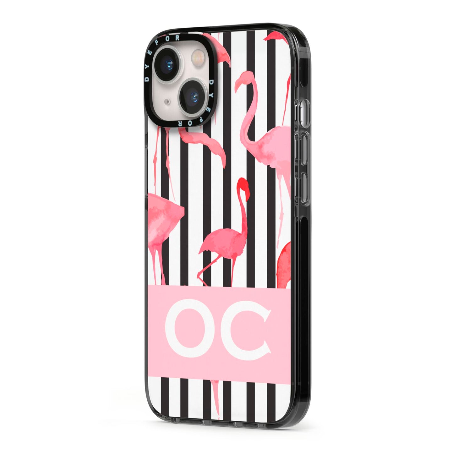 Black Striped Flamingo iPhone 13 Black Impact Case Side Angle on Silver phone
