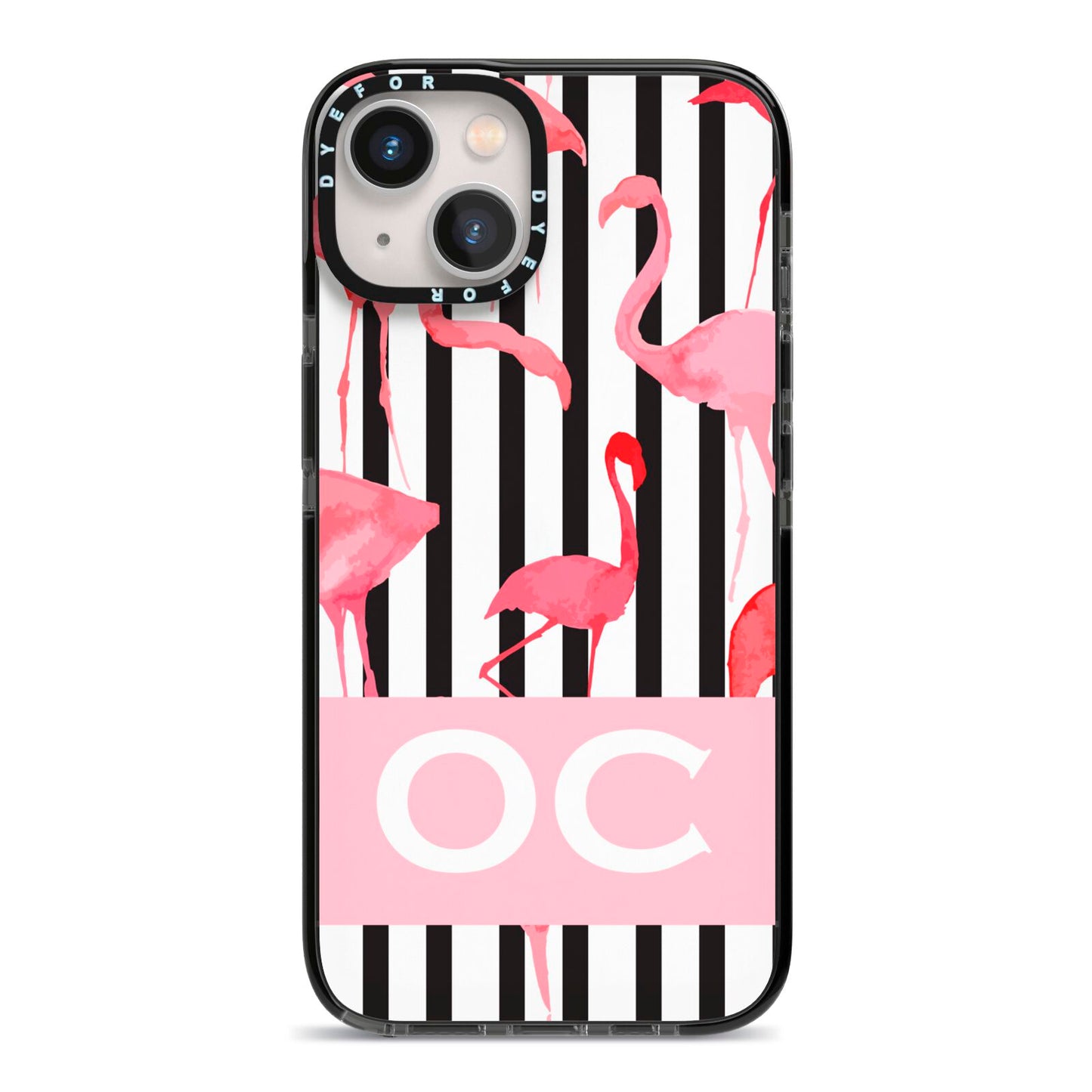 Black Striped Flamingo iPhone 13 Black Impact Case on Silver phone