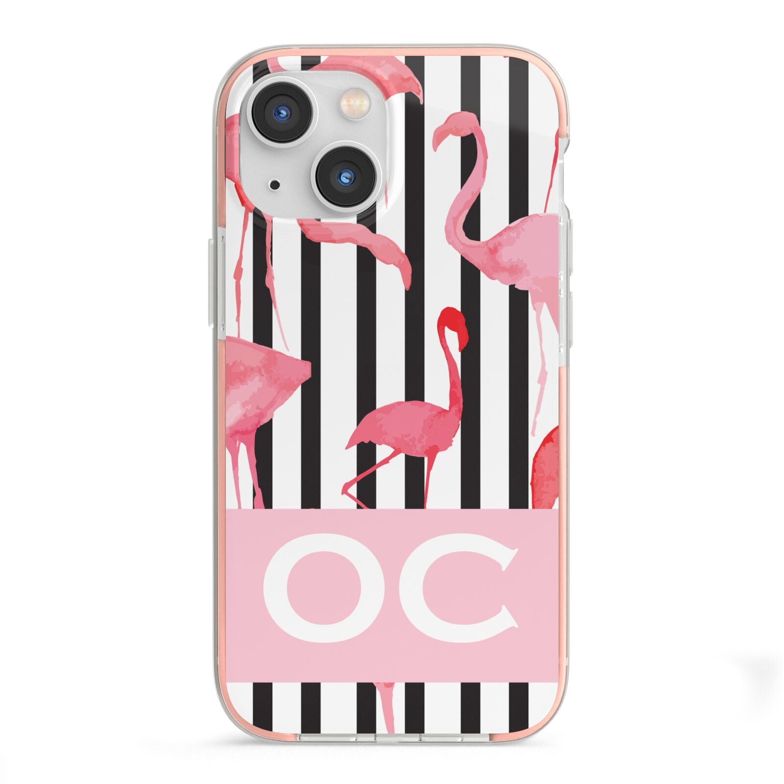 Black Striped Flamingo iPhone 13 Mini TPU Impact Case with Pink Edges