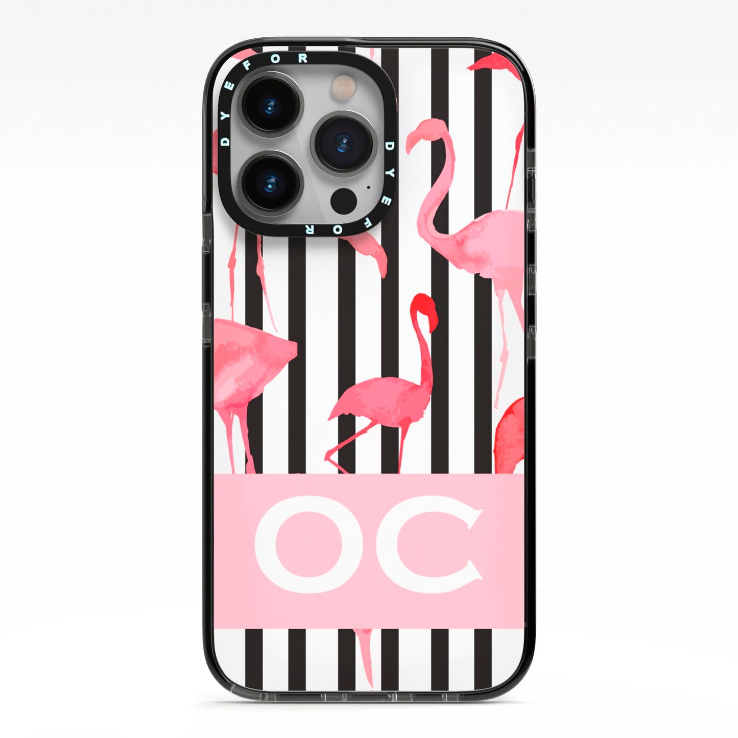 Black Striped Flamingo iPhone 13 Pro Black Impact Case on Silver phone