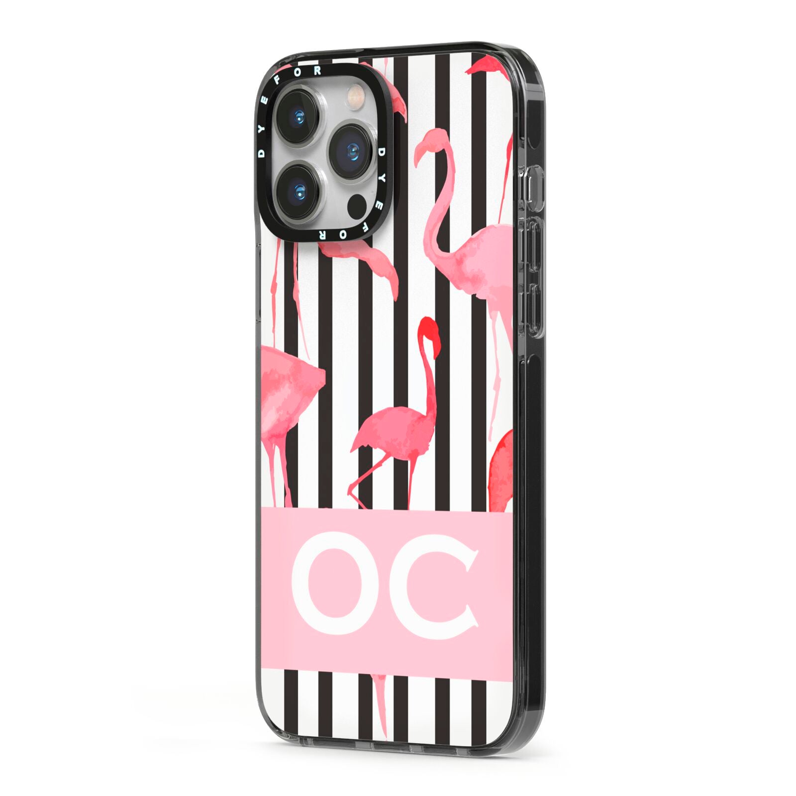 Black Striped Flamingo iPhone 13 Pro Max Black Impact Case Side Angle on Silver phone