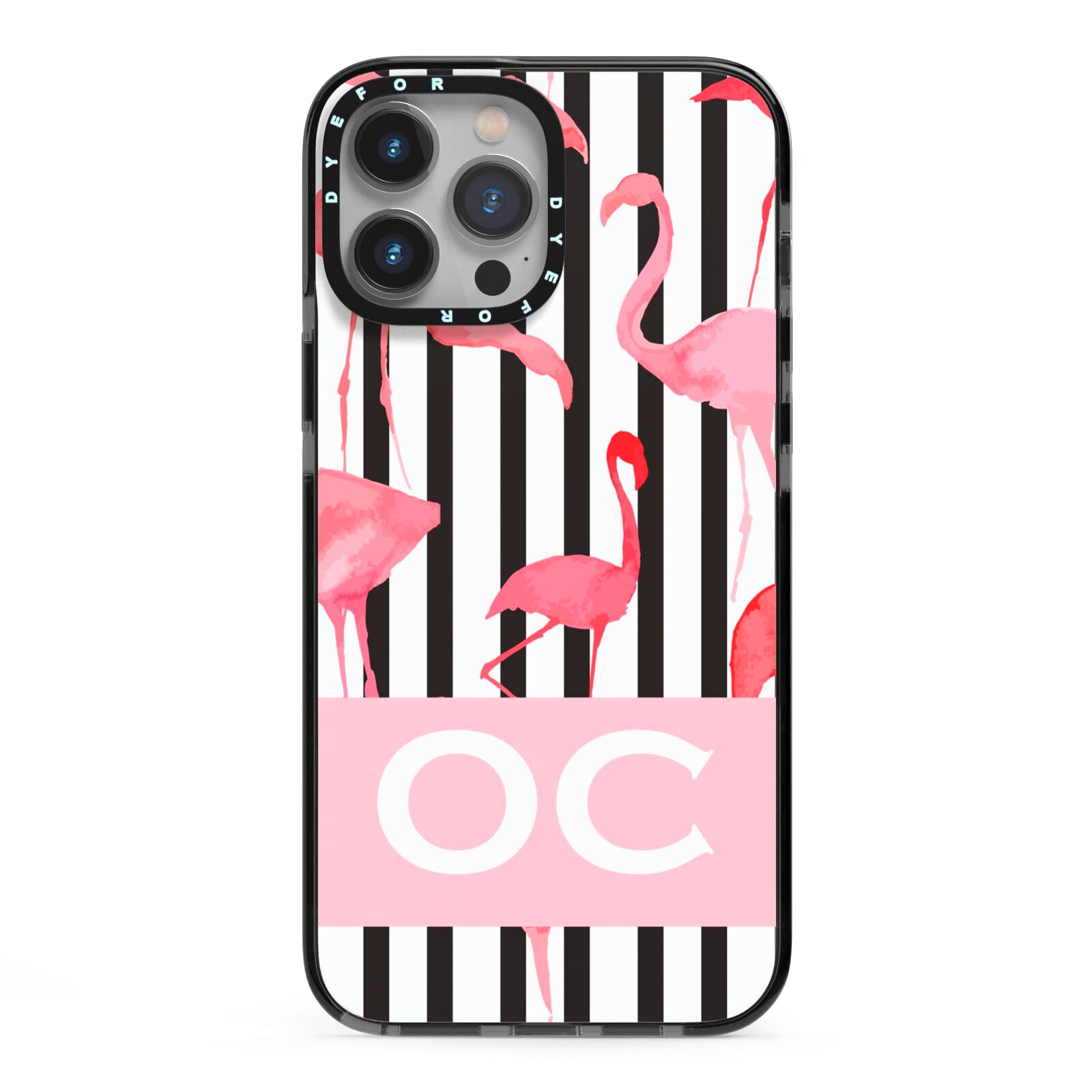 Black Striped Flamingo iPhone 13 Pro Max Black Impact Case on Silver phone
