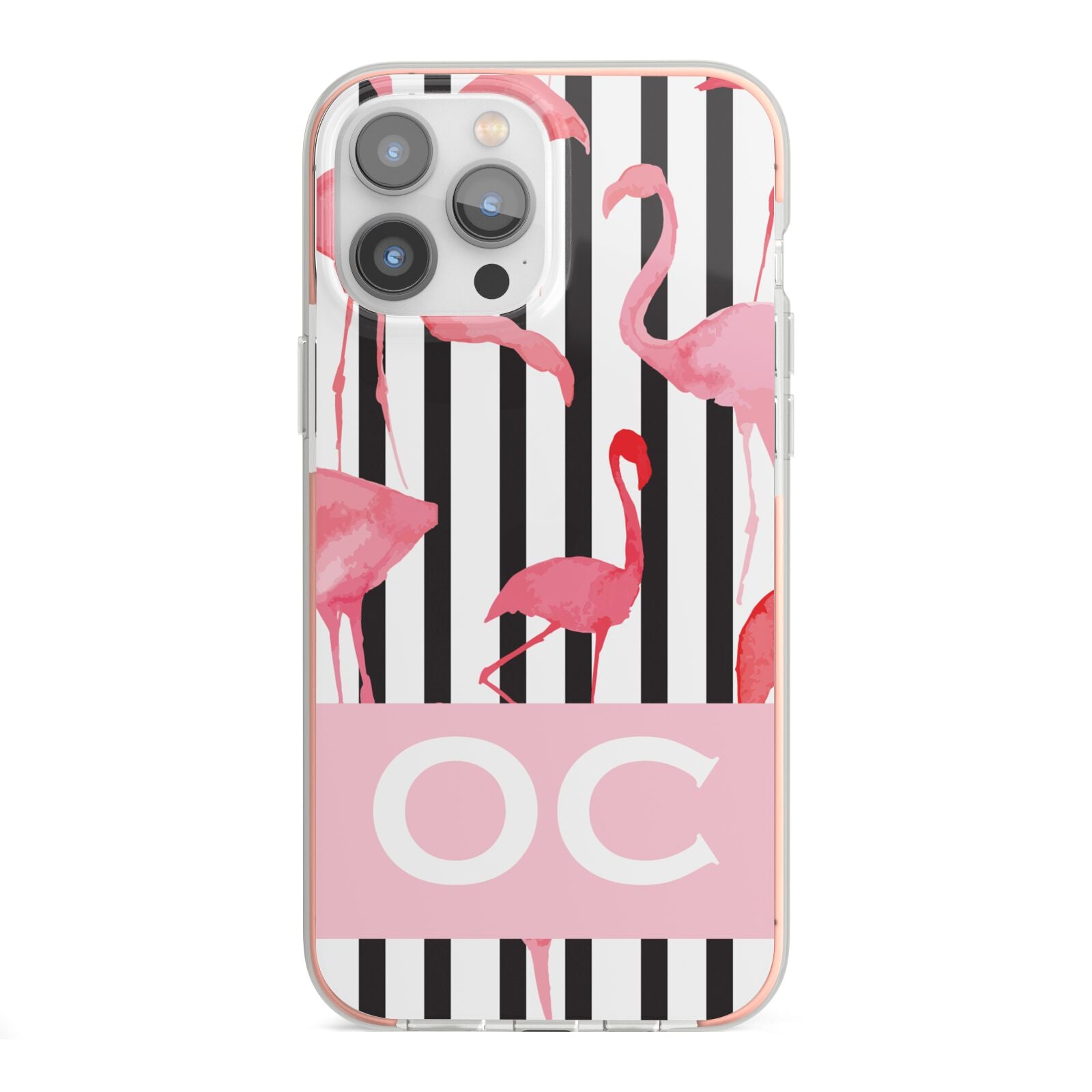 Black Striped Flamingo iPhone 13 Pro Max TPU Impact Case with Pink Edges