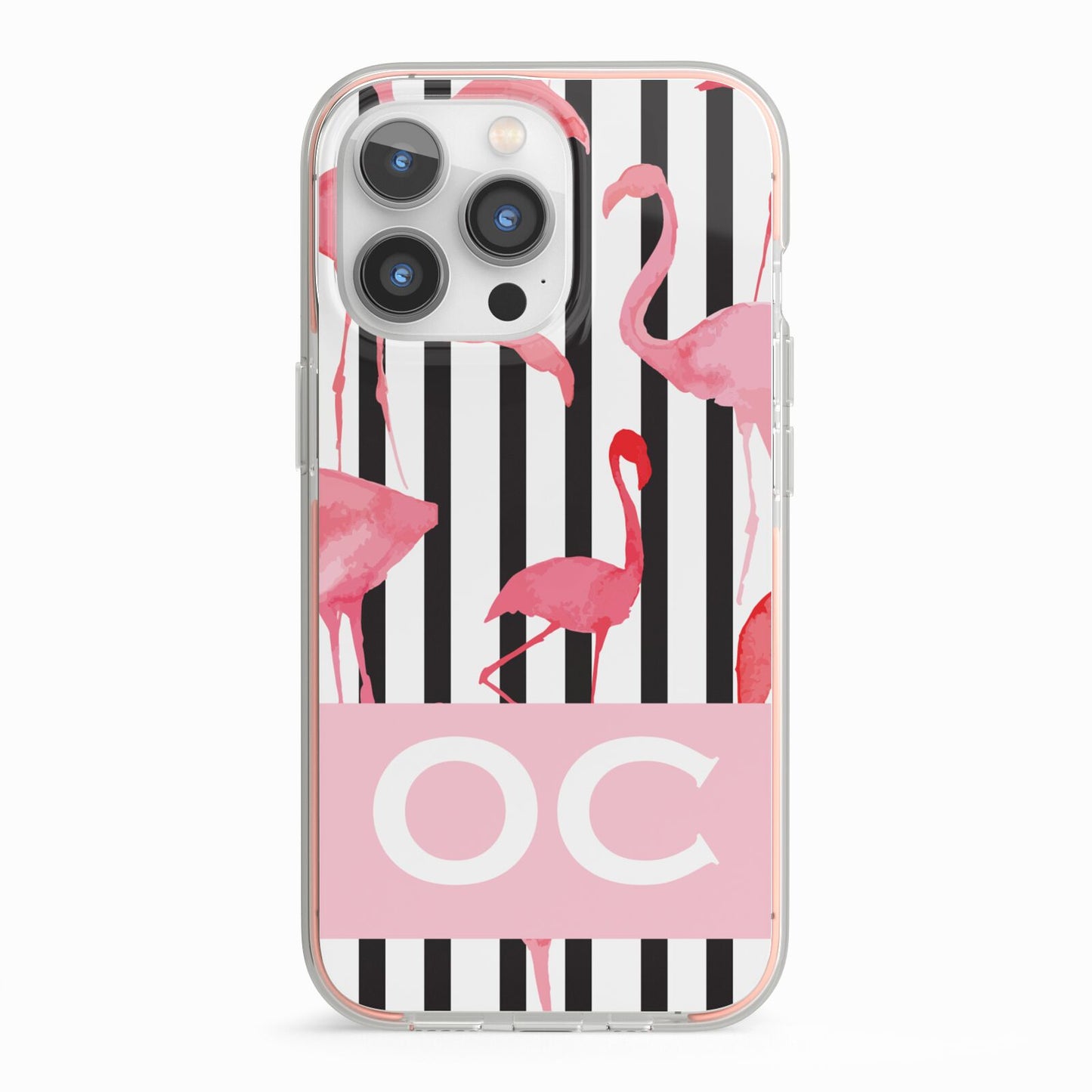 Black Striped Flamingo iPhone 13 Pro TPU Impact Case with Pink Edges