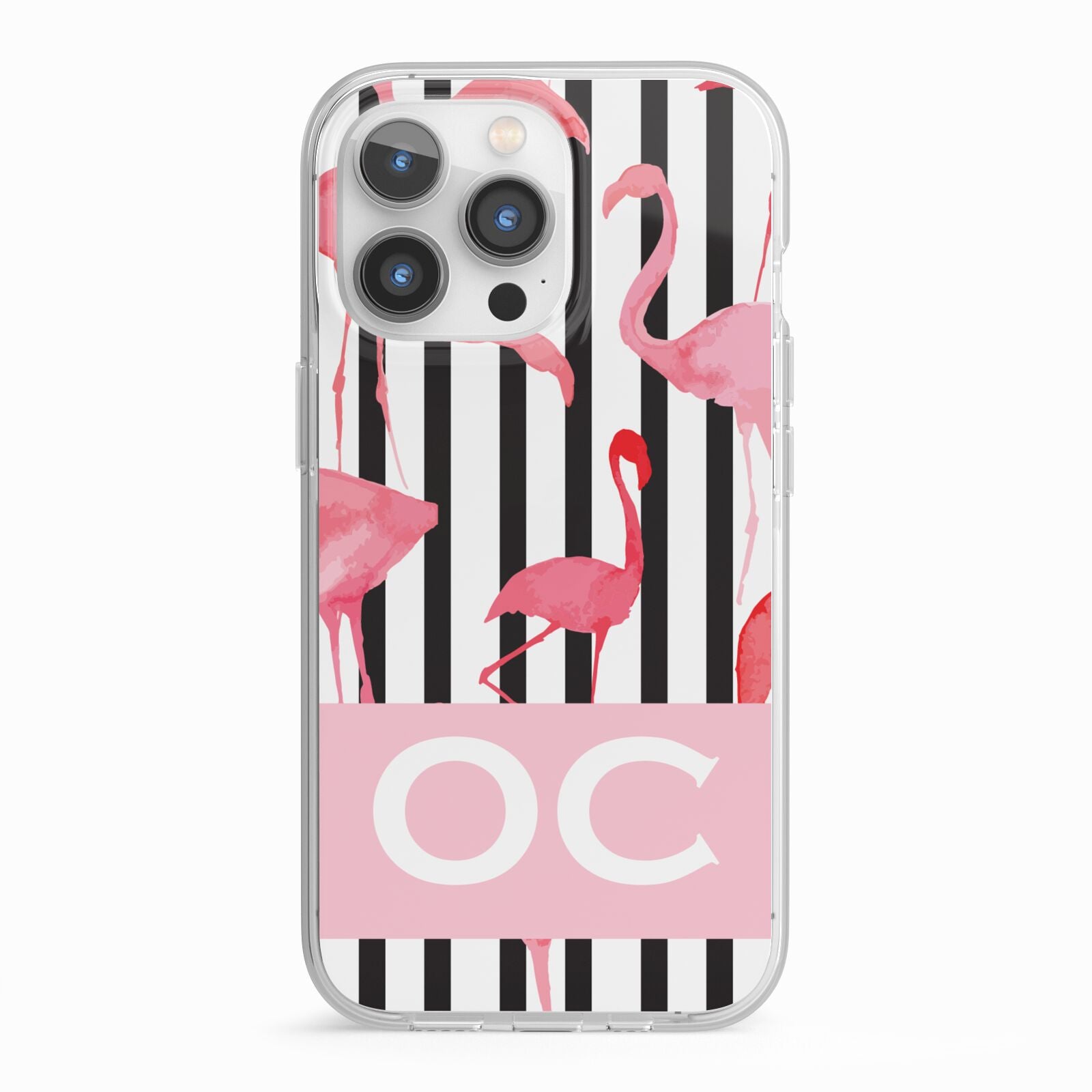 Black Striped Flamingo iPhone 13 Pro TPU Impact Case with White Edges