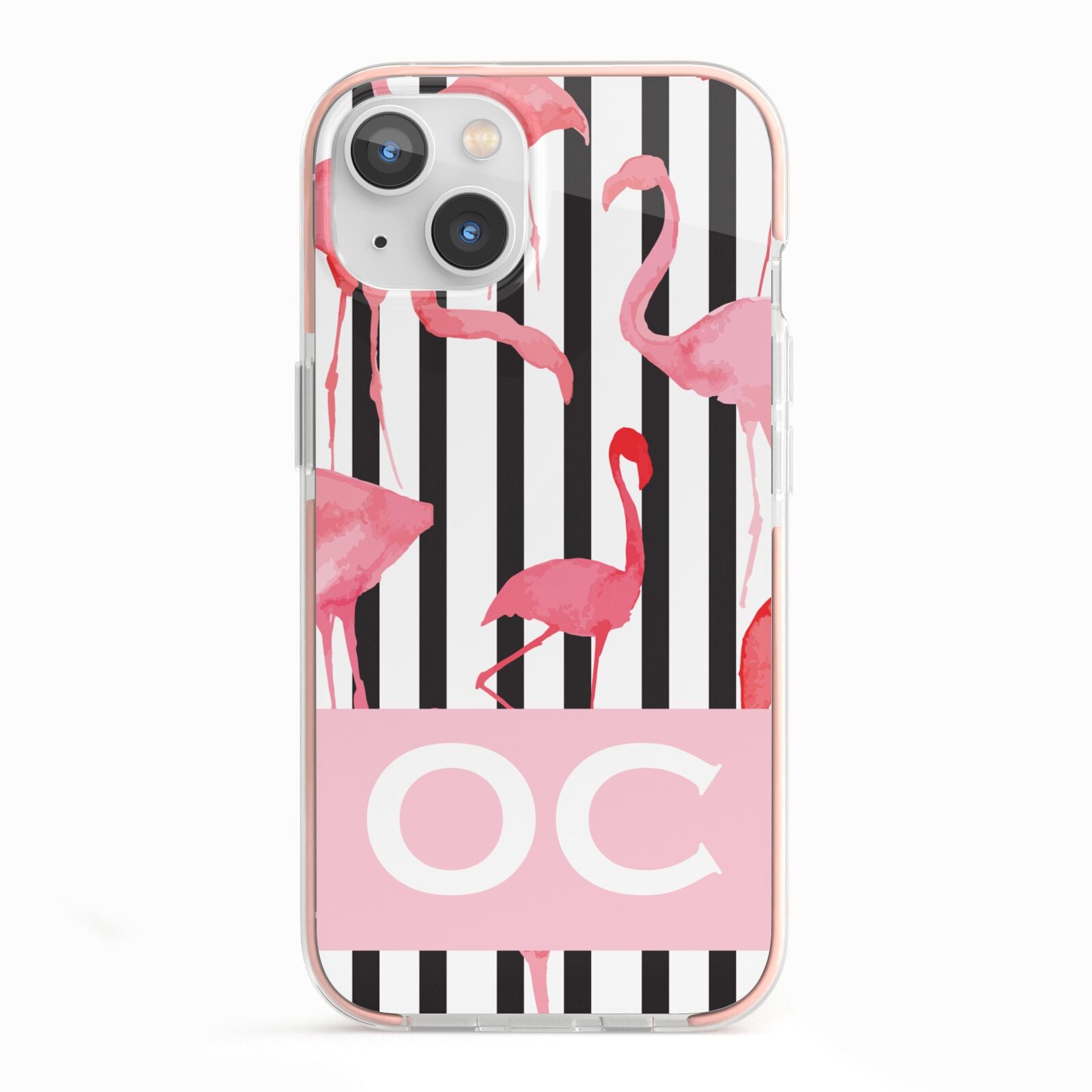 Black Striped Flamingo iPhone 13 TPU Impact Case with Pink Edges