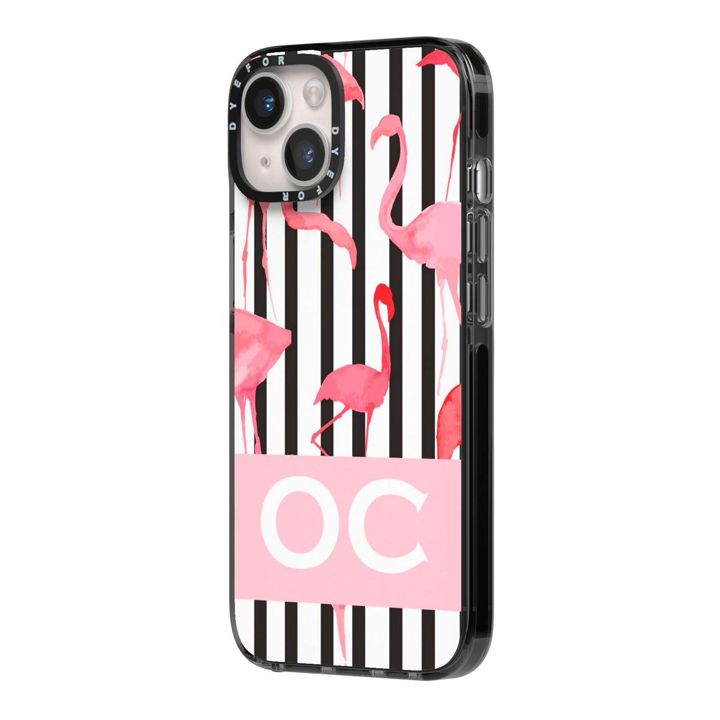 Black Striped Flamingo iPhone 14 Black Impact Case Side Angle on Silver phone