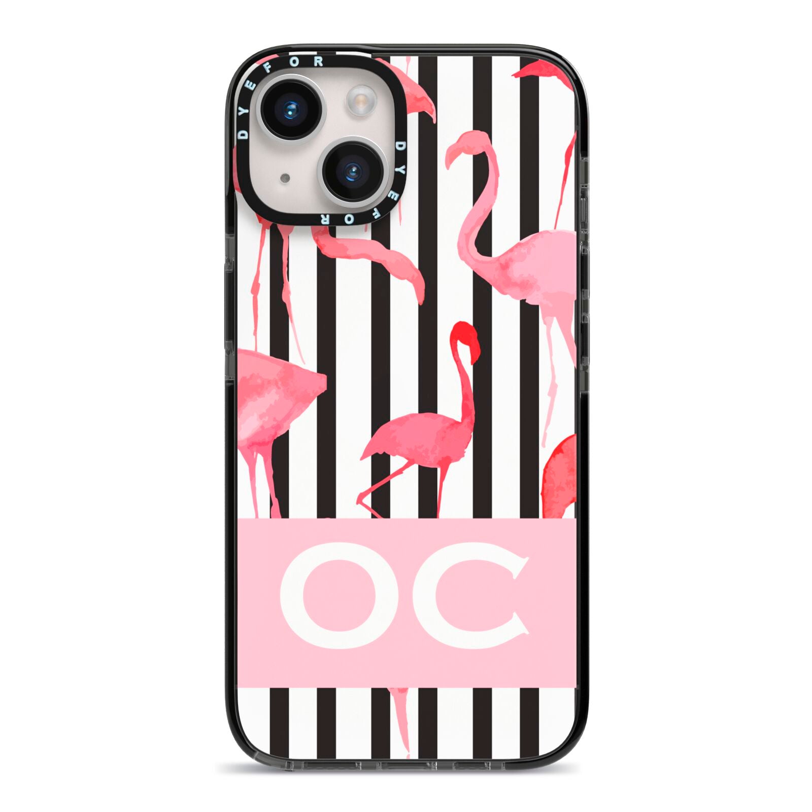 Black Striped Flamingo iPhone 14 Black Impact Case on Silver phone