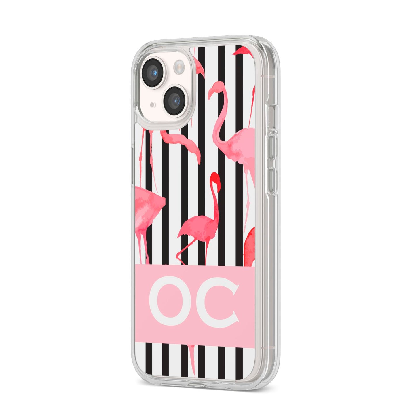 Black Striped Flamingo iPhone 14 Clear Tough Case Starlight Angled Image