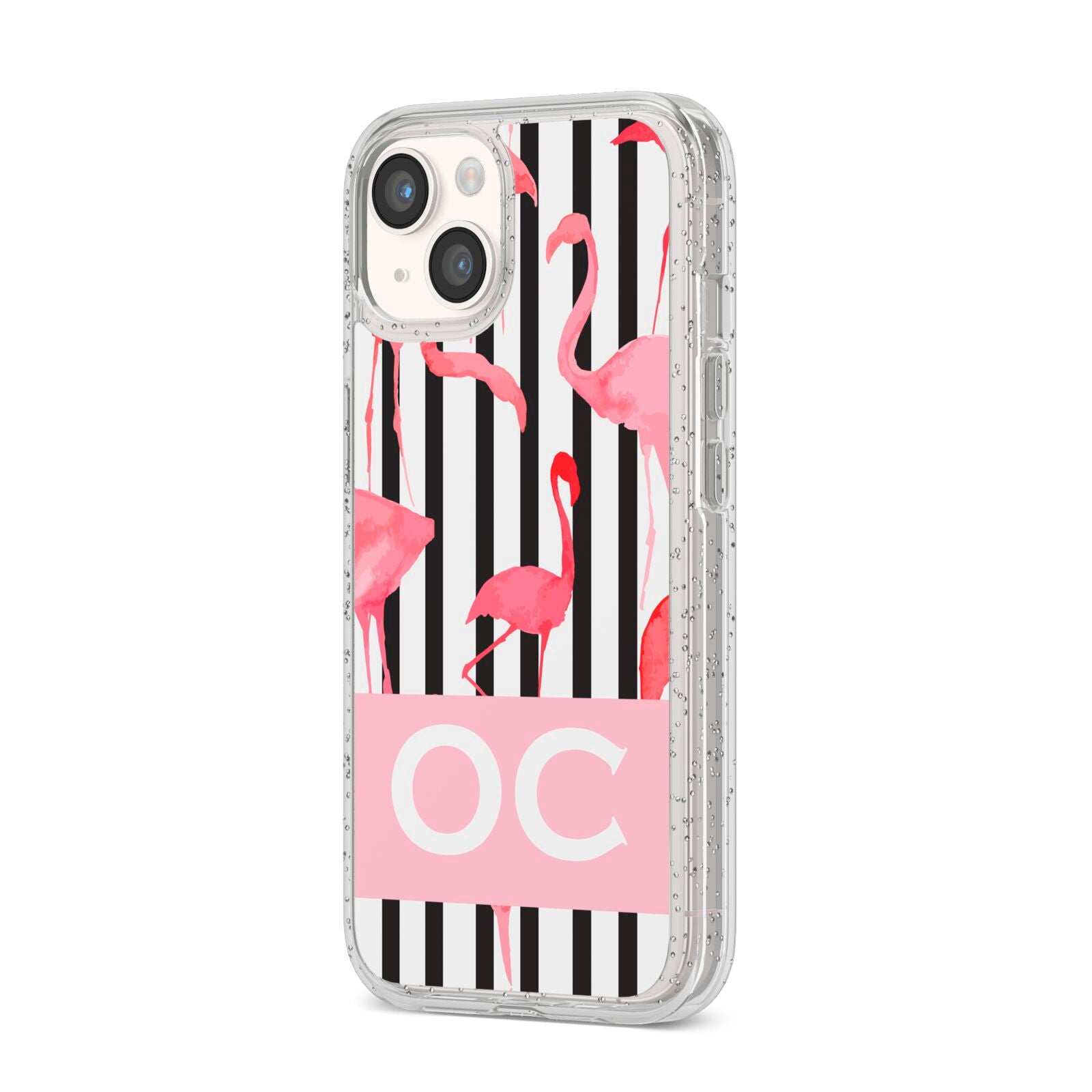 Black Striped Flamingo iPhone 14 Glitter Tough Case Starlight Angled Image