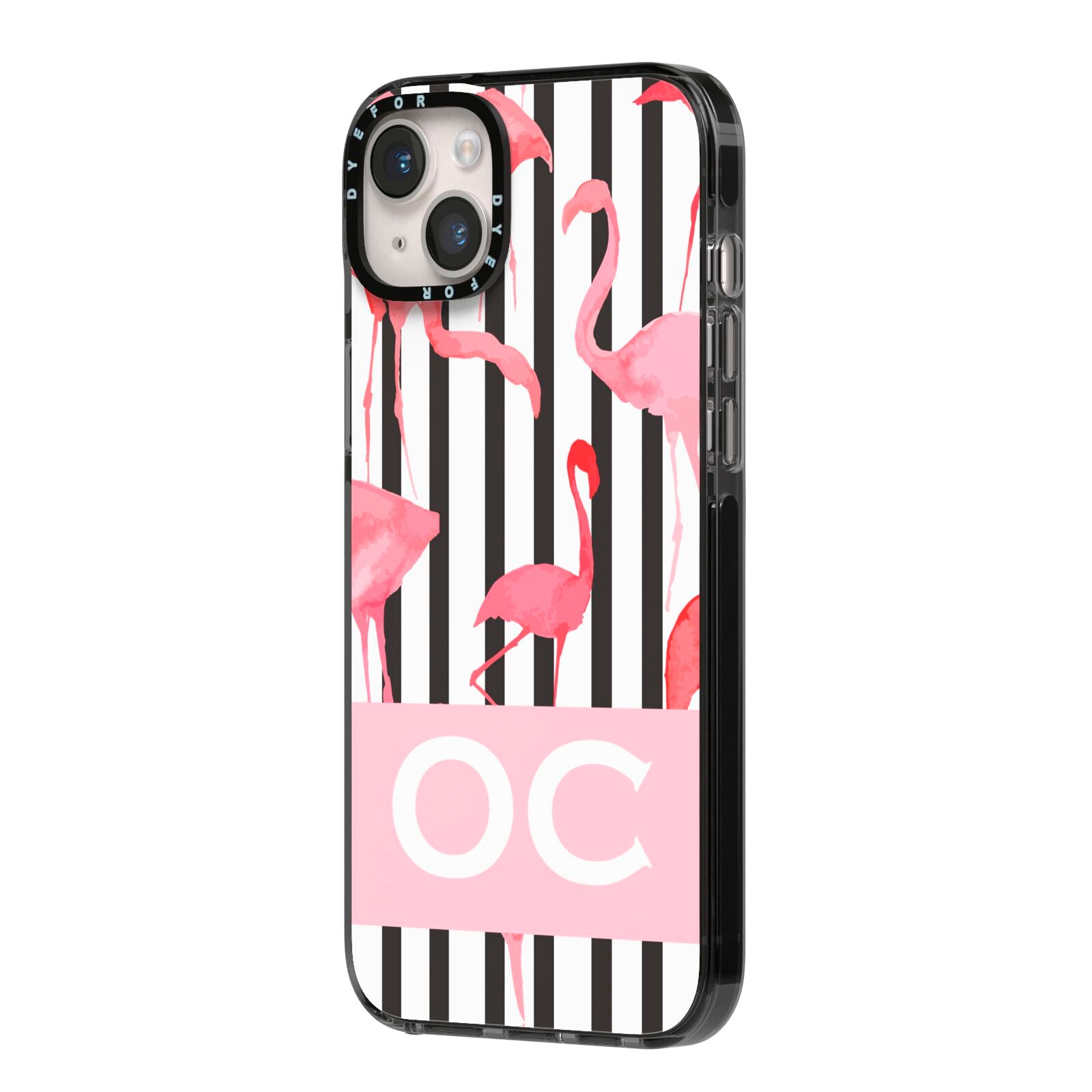 Black Striped Flamingo iPhone 14 Plus Black Impact Case Side Angle on Silver phone