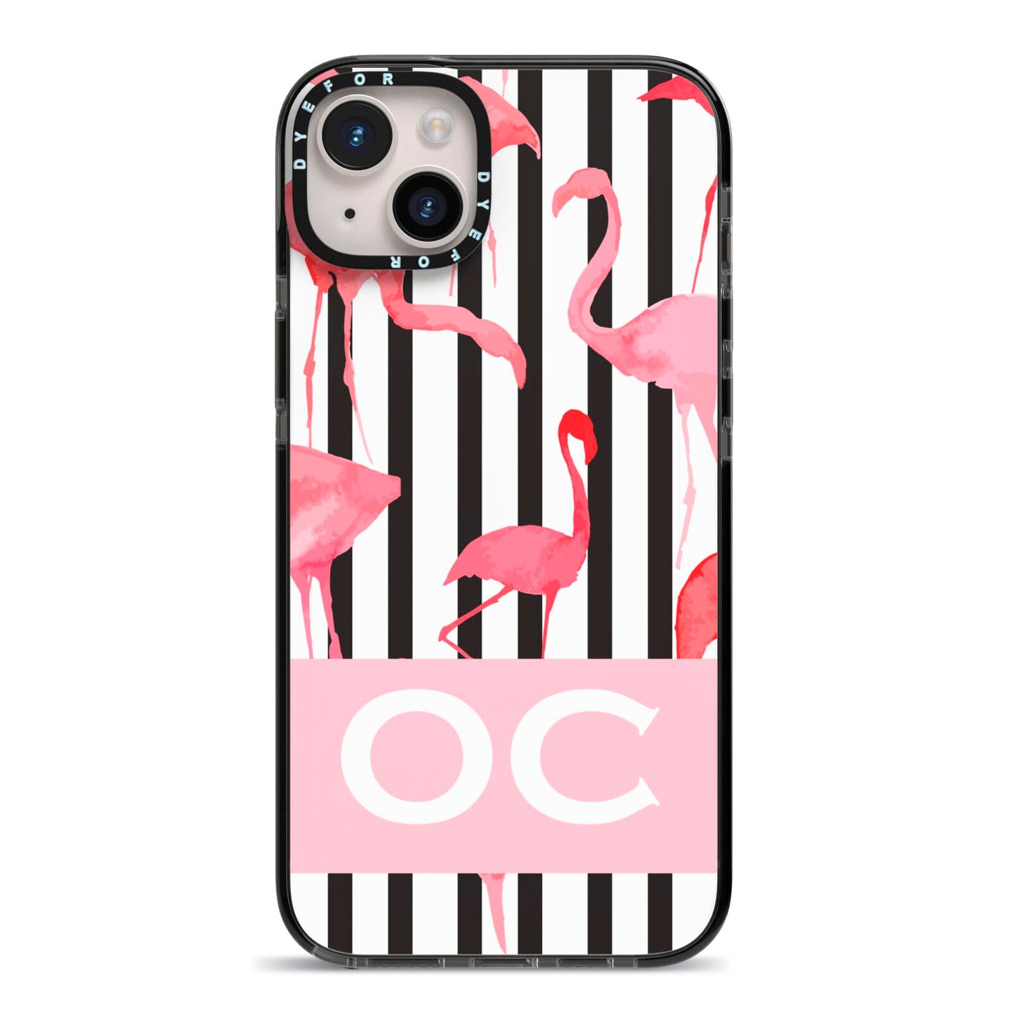 Black Striped Flamingo iPhone 14 Plus Black Impact Case on Silver phone