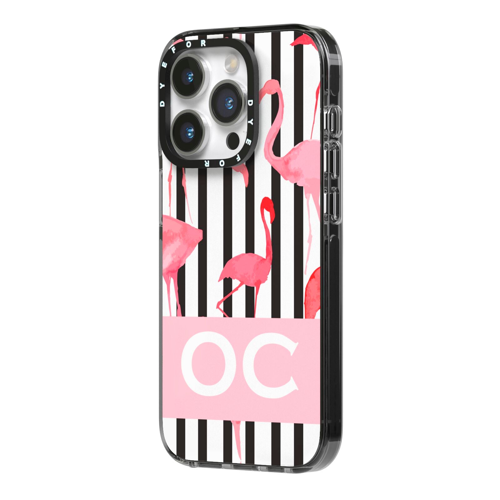 Black Striped Flamingo iPhone 14 Pro Black Impact Case Side Angle on Silver phone