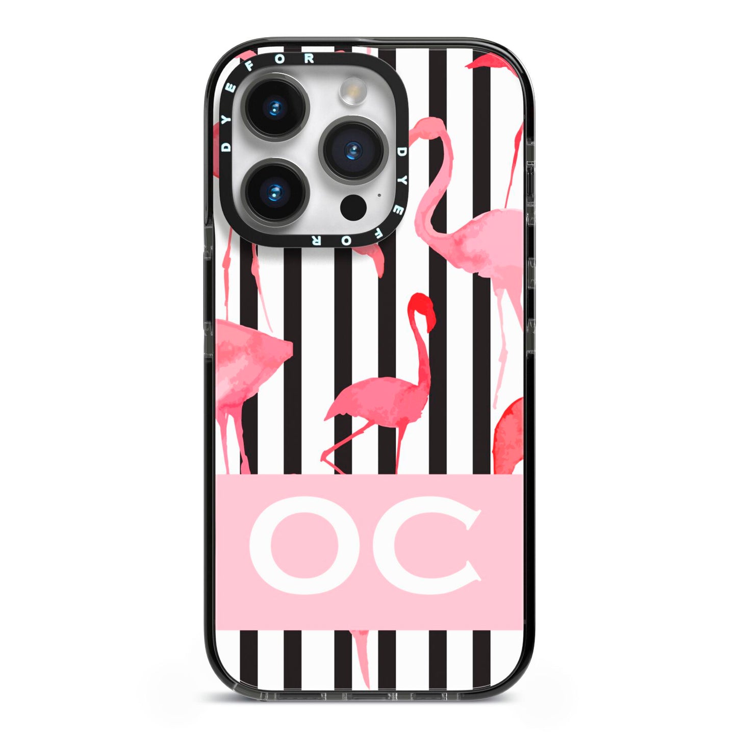 Black Striped Flamingo iPhone 14 Pro Black Impact Case on Silver phone