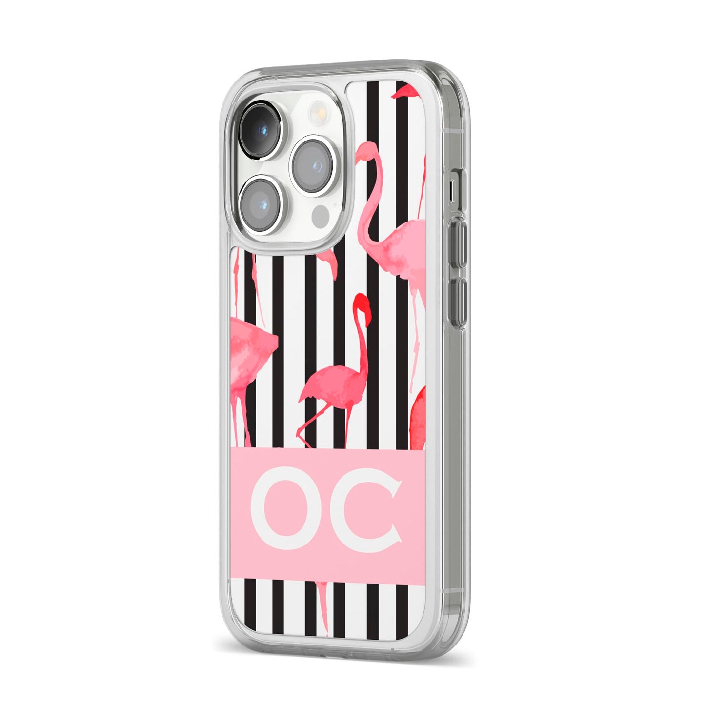 Black Striped Flamingo iPhone 14 Pro Clear Tough Case Silver Angled Image