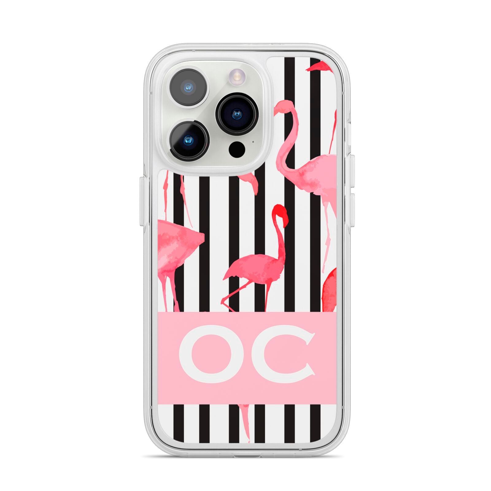 Black Striped Flamingo iPhone 14 Pro Clear Tough Case Silver
