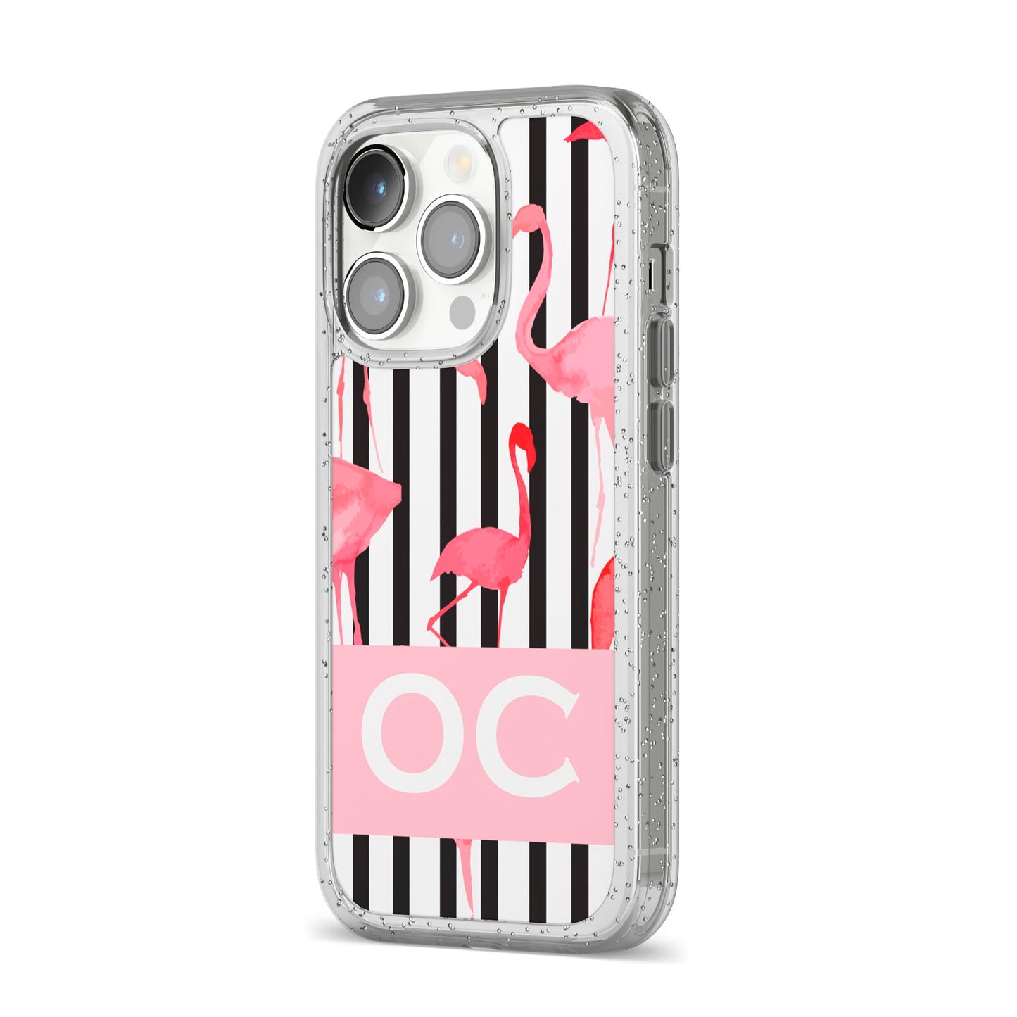 Black Striped Flamingo iPhone 14 Pro Glitter Tough Case Silver Angled Image