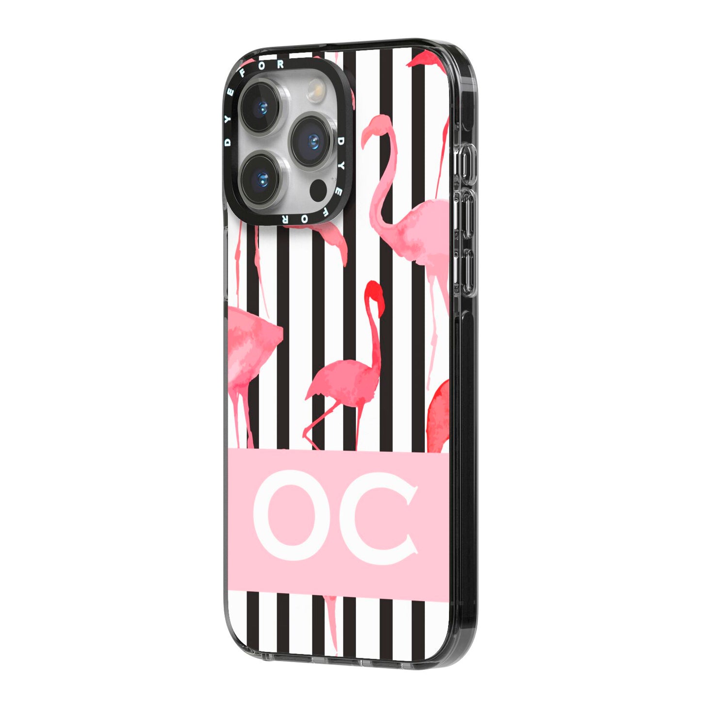 Black Striped Flamingo iPhone 14 Pro Max Black Impact Case Side Angle on Silver phone