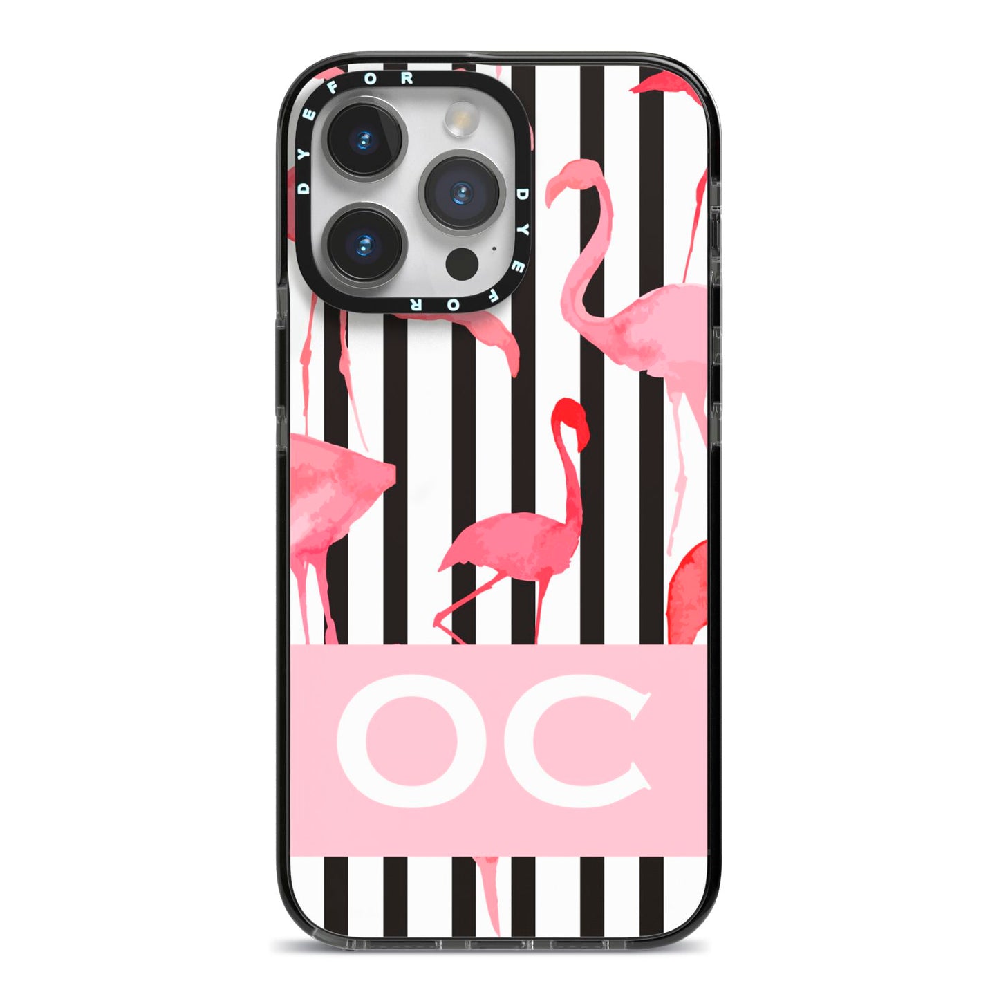 Black Striped Flamingo iPhone 14 Pro Max Black Impact Case on Silver phone