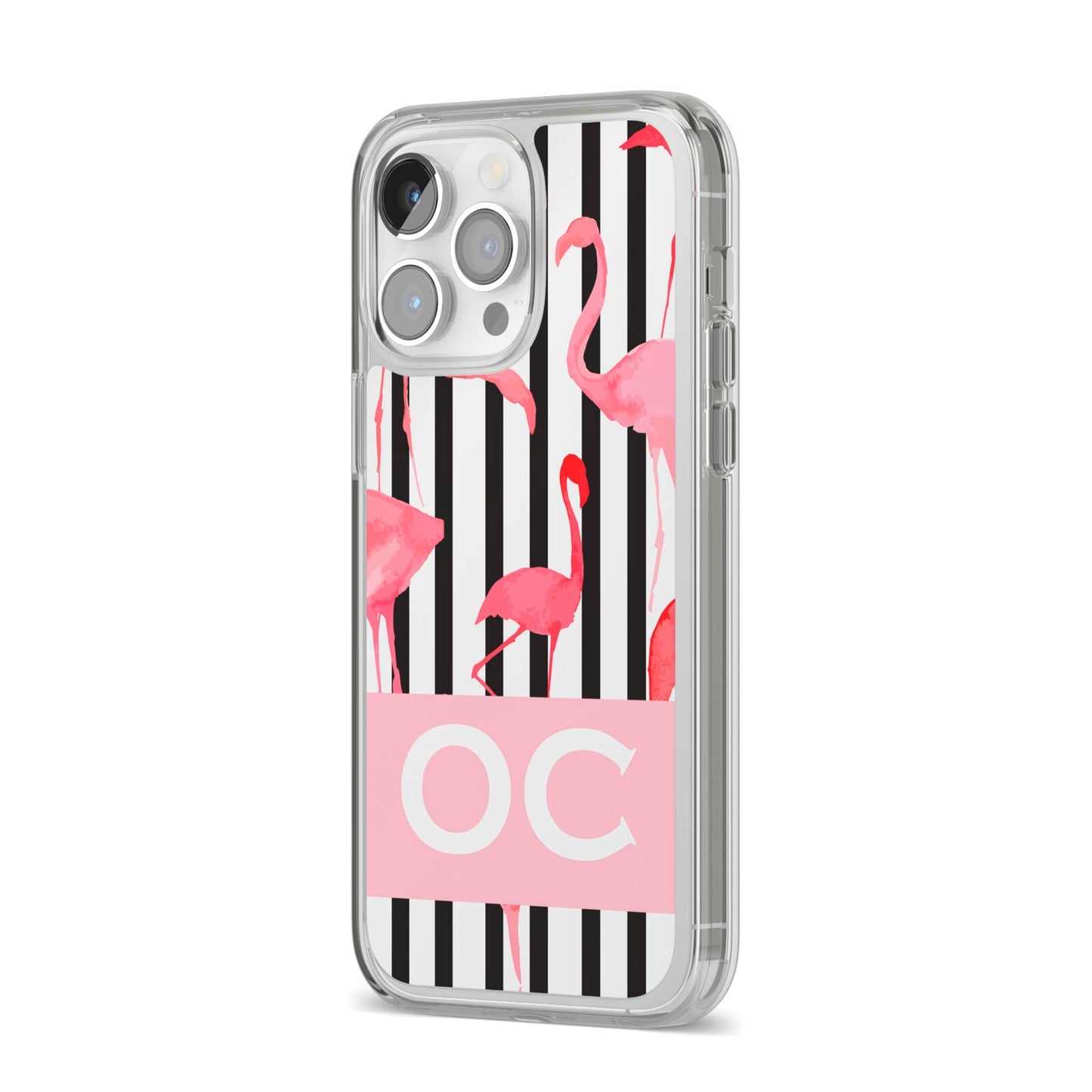 Black Striped Flamingo iPhone 14 Pro Max Clear Tough Case Silver Angled Image