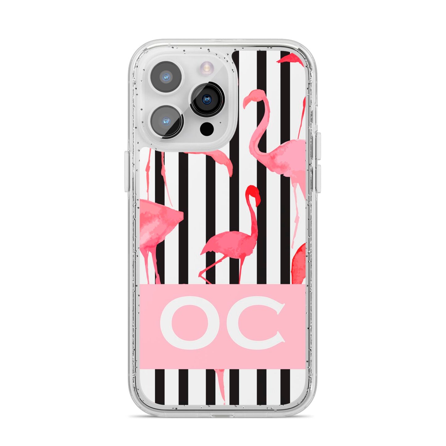 Black Striped Flamingo iPhone 14 Pro Max Glitter Tough Case Silver