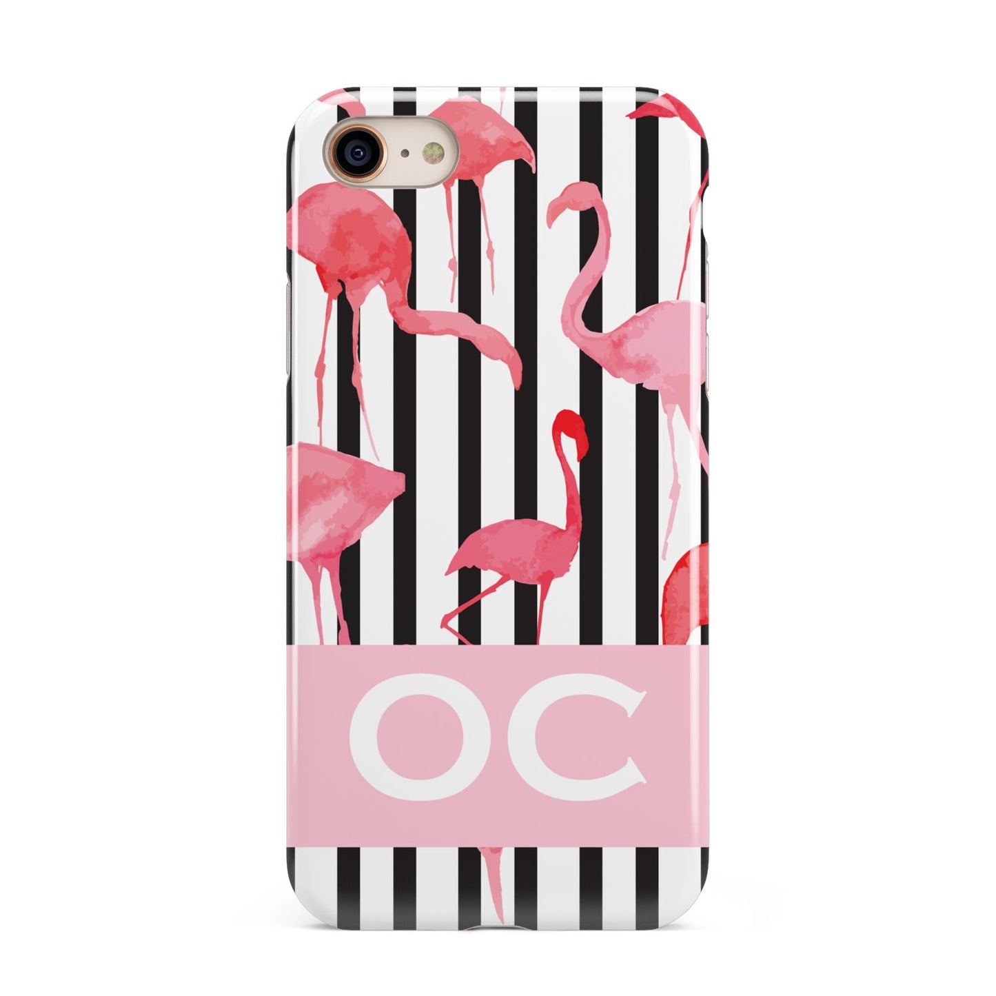 Black Striped Flamingo iPhone 8 3D Tough Case on Gold Phone