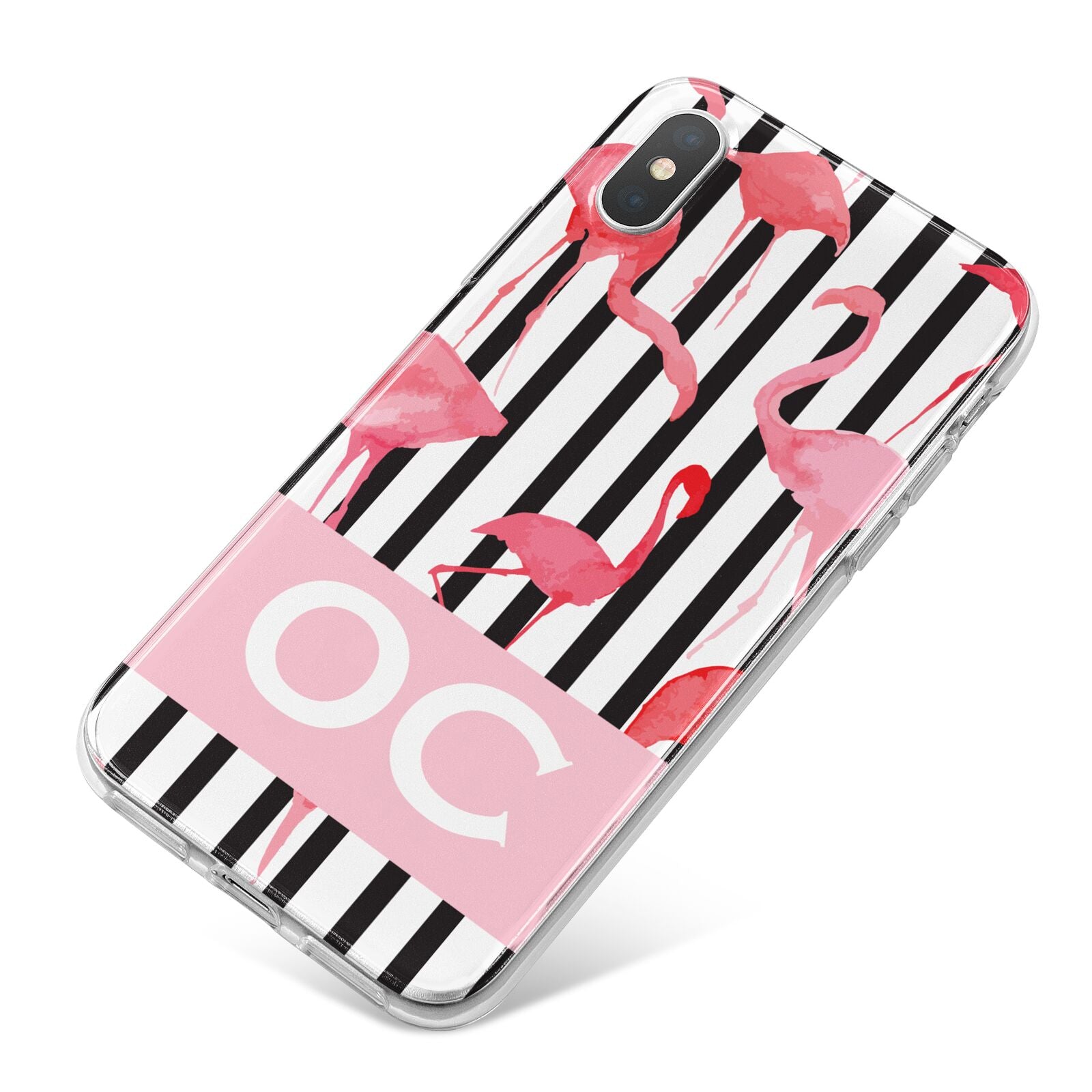 Black Striped Flamingo iPhone X Bumper Case on Silver iPhone