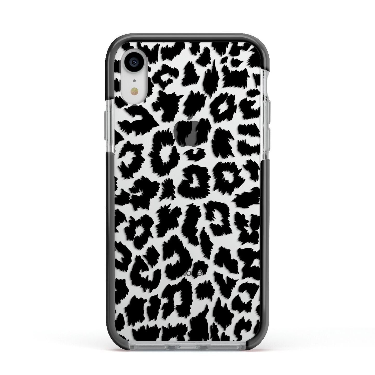 Black White Leopard Print Apple iPhone XR Impact Case Black Edge on Silver Phone