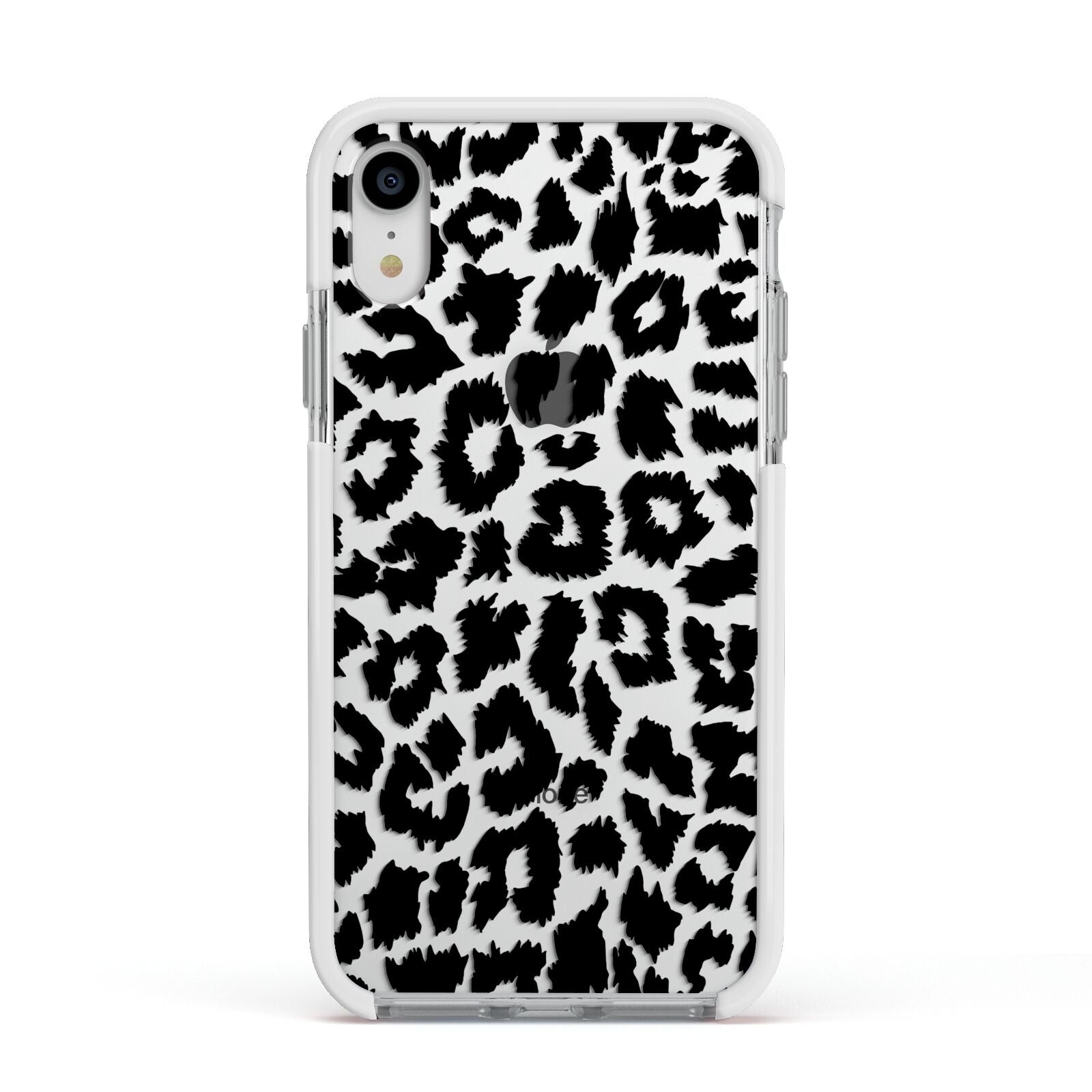 Black White Leopard Print Apple iPhone XR Impact Case White Edge on Silver Phone