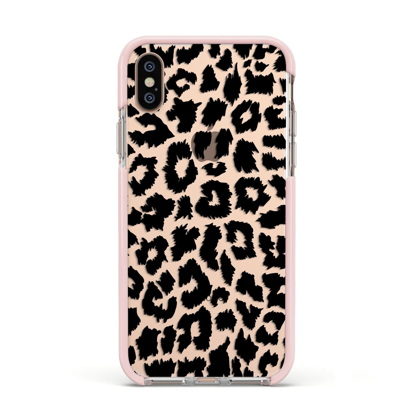 Black White Leopard Print Apple iPhone Xs Impact Case Pink Edge on Gold Phone